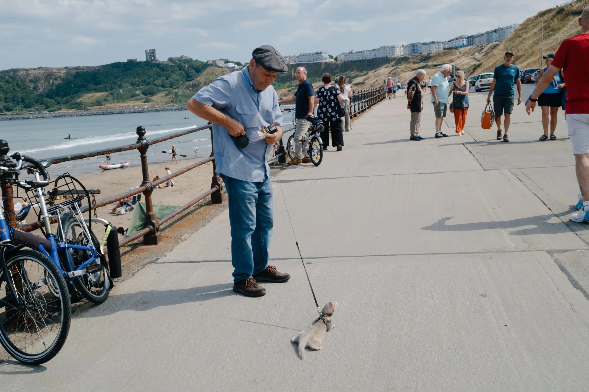 A man in a gray beret and light blue shirt standing on a seaside promenade, looking at his phone while holding a dog on a leash. Other people are walking and standing along the promenade, with bicycles parked nearby. The background shows the ocean, h