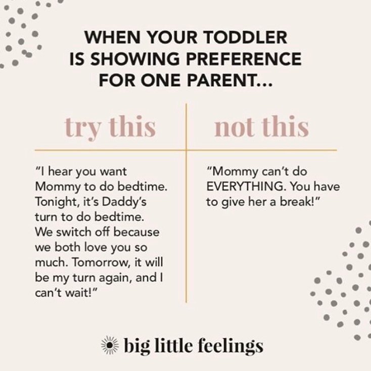 &ldquo;No! I want Mommy to do it!&rdquo; Does this sound familiar?

If your child is showing preference for one parent, this could be very frustrating 😩

For example, when dad wants to do the bedtime routine (bath, books, etc.) but your child keeps 