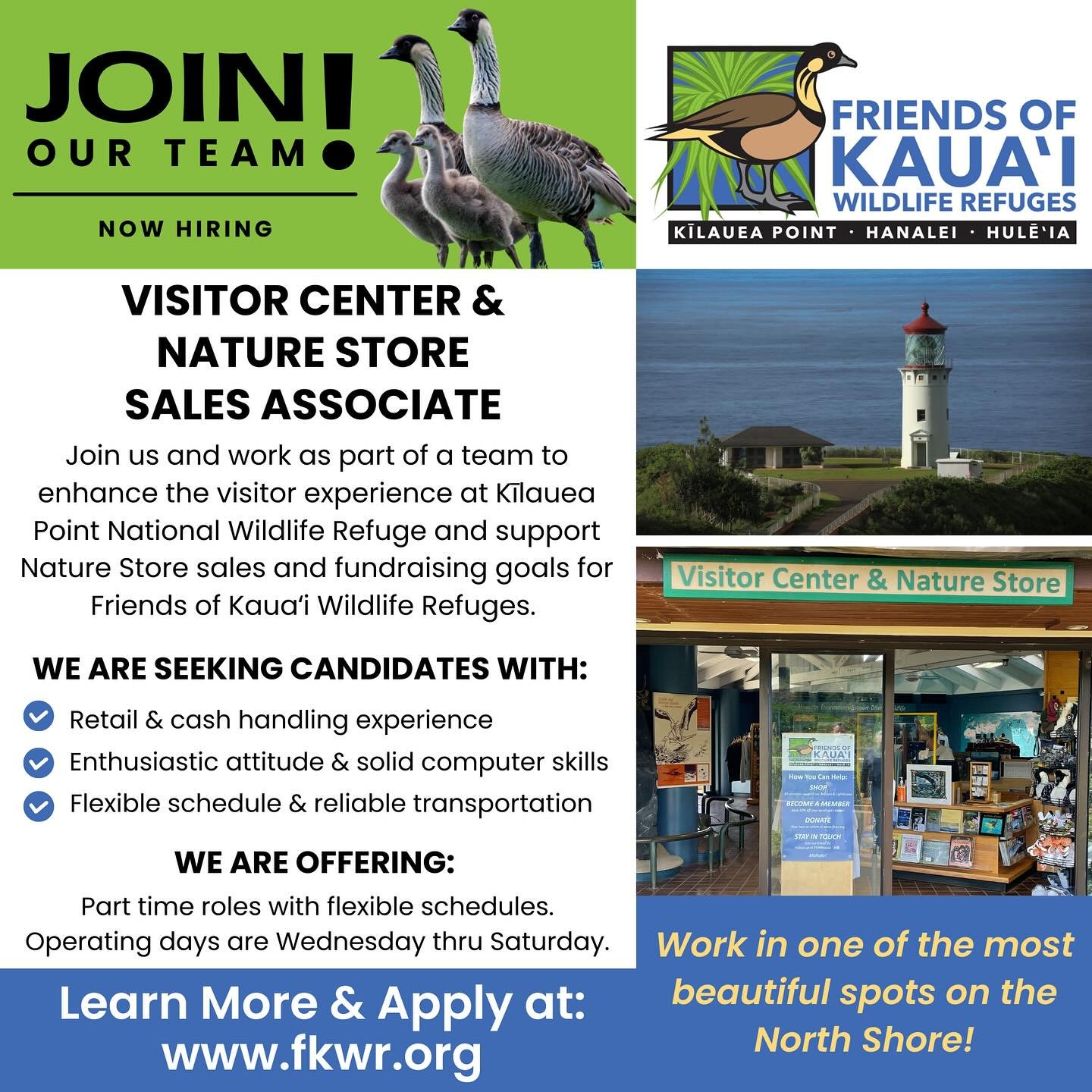 Join our team at the Kīlauea Point NWR Visitor Center and Nature Store – one of the most majestic spots on Kauaʻi! This part-time position is a key role within our ‘ohana, supporting the visitor education program and Nature Store sales, i