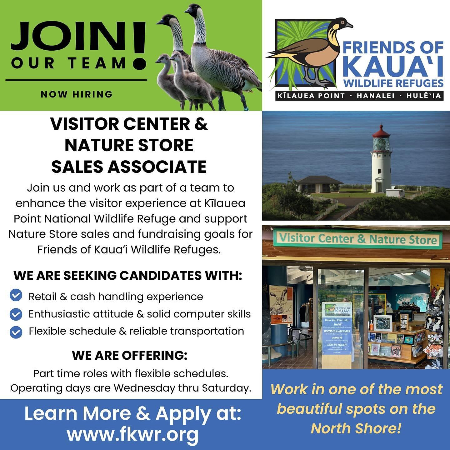 Join our team at the Kīlauea Point NWR Visitor Center and Nature Store – one of the most majestic spots on Kauaʻi! This part-time position is a key role within our ‘ohana, supporting the visitor education program and Nature Store sales, i