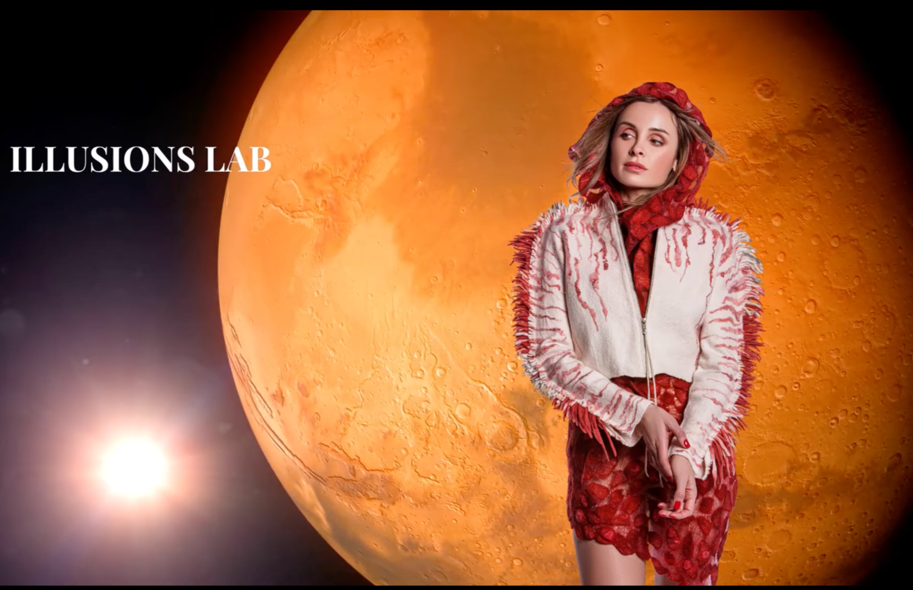 A woman wearing red and white clothing standing in front of a large image of Mars with the text 'ILLUSIONS LAB' to the left.