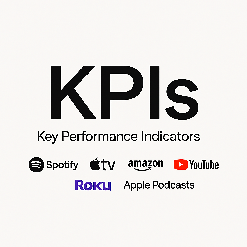 'KPIs' for Key Performance Indicators, with logos of Spotify, Apple TV, Amazon, YouTube, Roku, and Apple Podcasts.