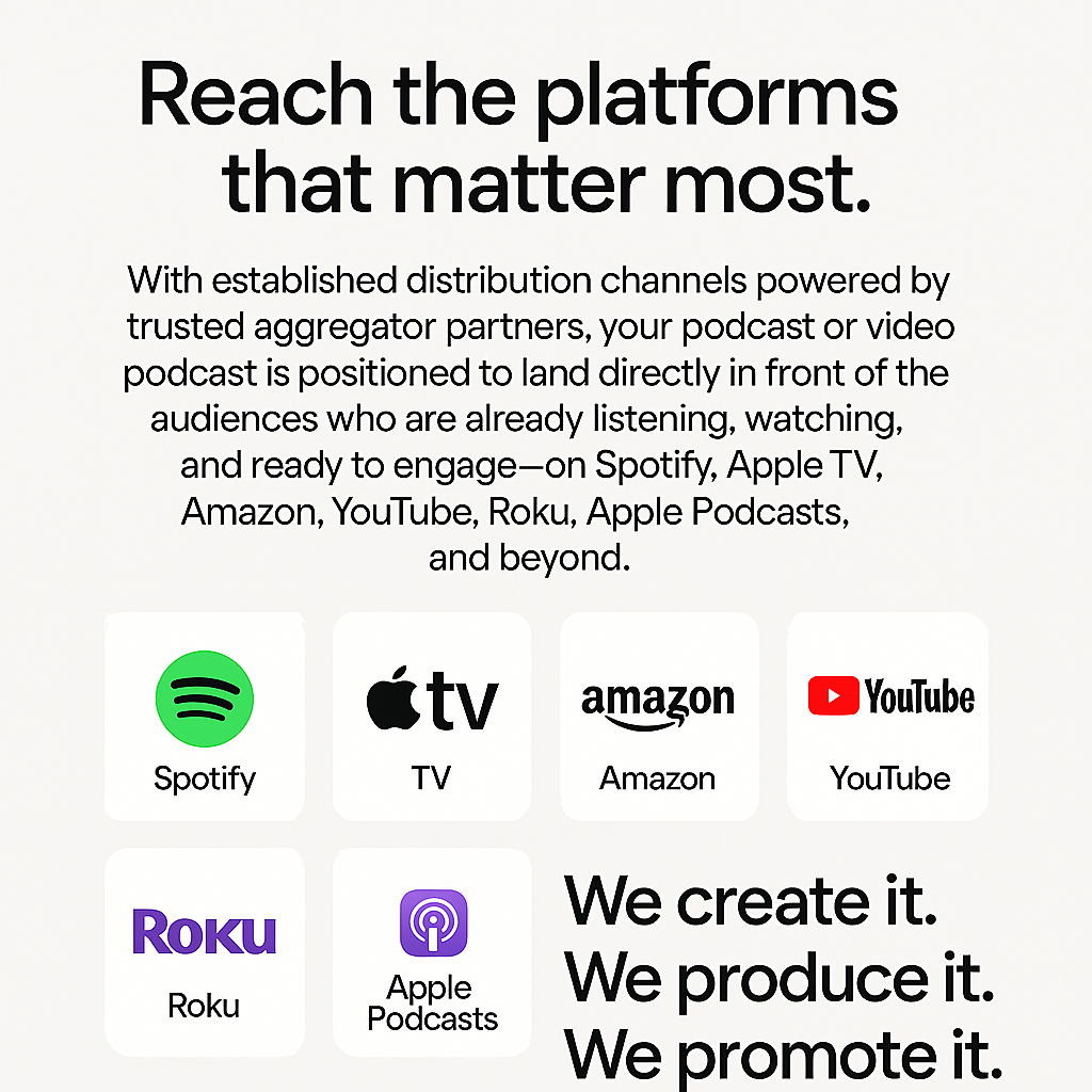 A promotional graphic encouraging listeners to reach their preferred platforms. It lists Spotify, Apple TV, Amazon, YouTube, Roku, and Apple Podcasts, with icons for each. The bottom text states, 'We create it. We produce it. We promote it.'