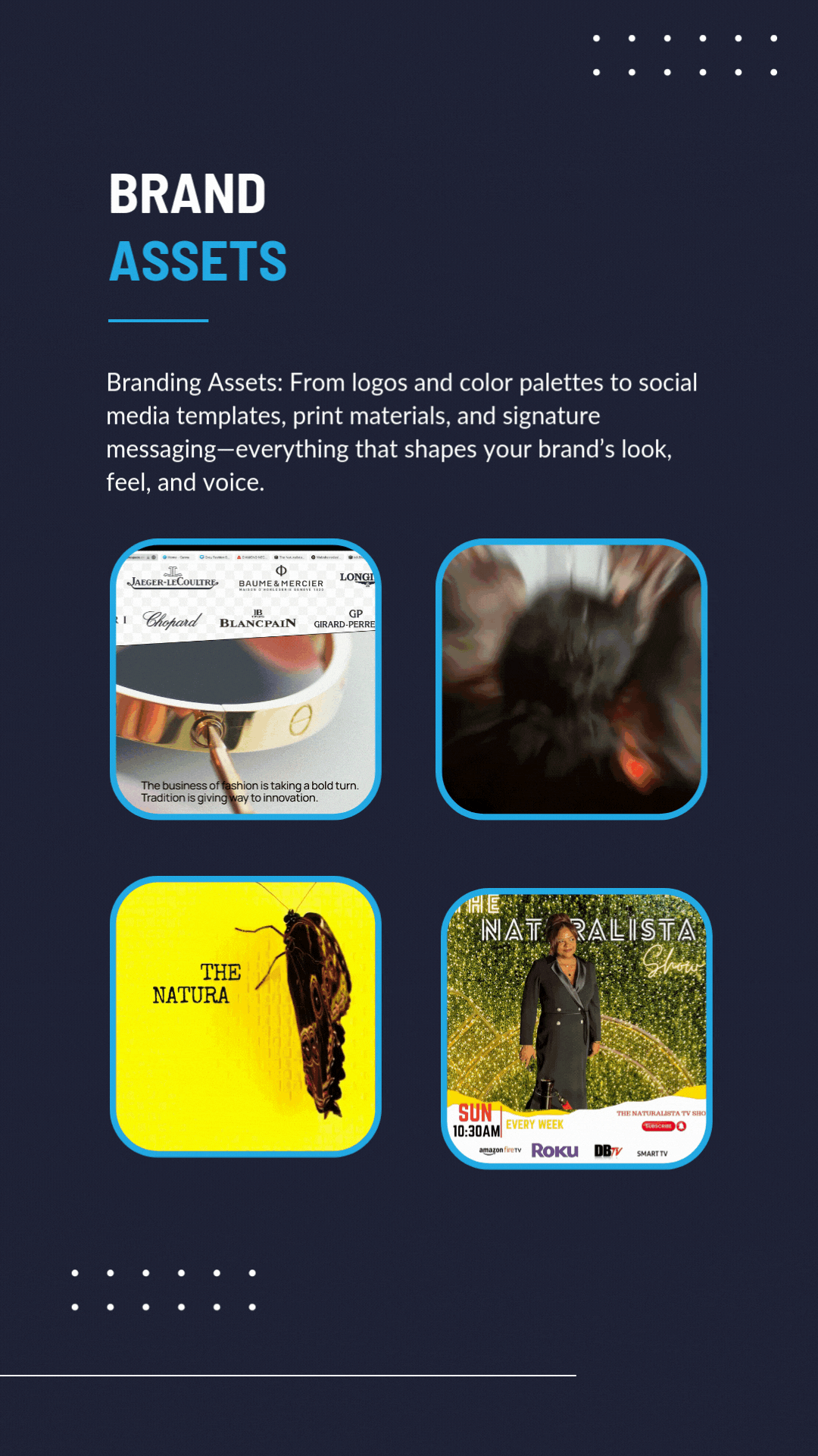 jcb media productions LLC we brand Assets' with images of logos, these are featured. PODCASt's created by our company. TThe slide explains branding assets, including logos, color palette.