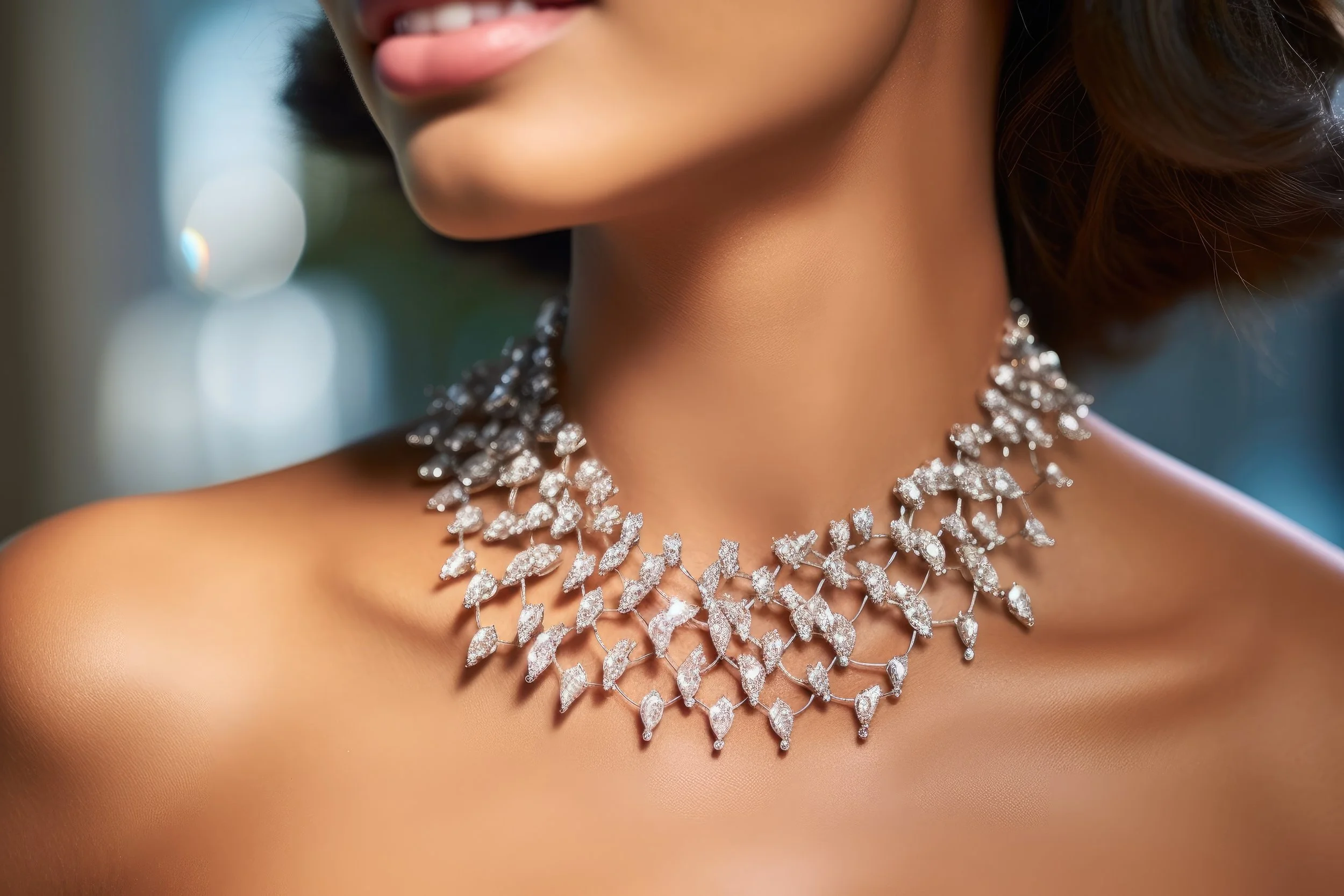 A woman wearing an ornate diamond necklace on her neck and shoulders.