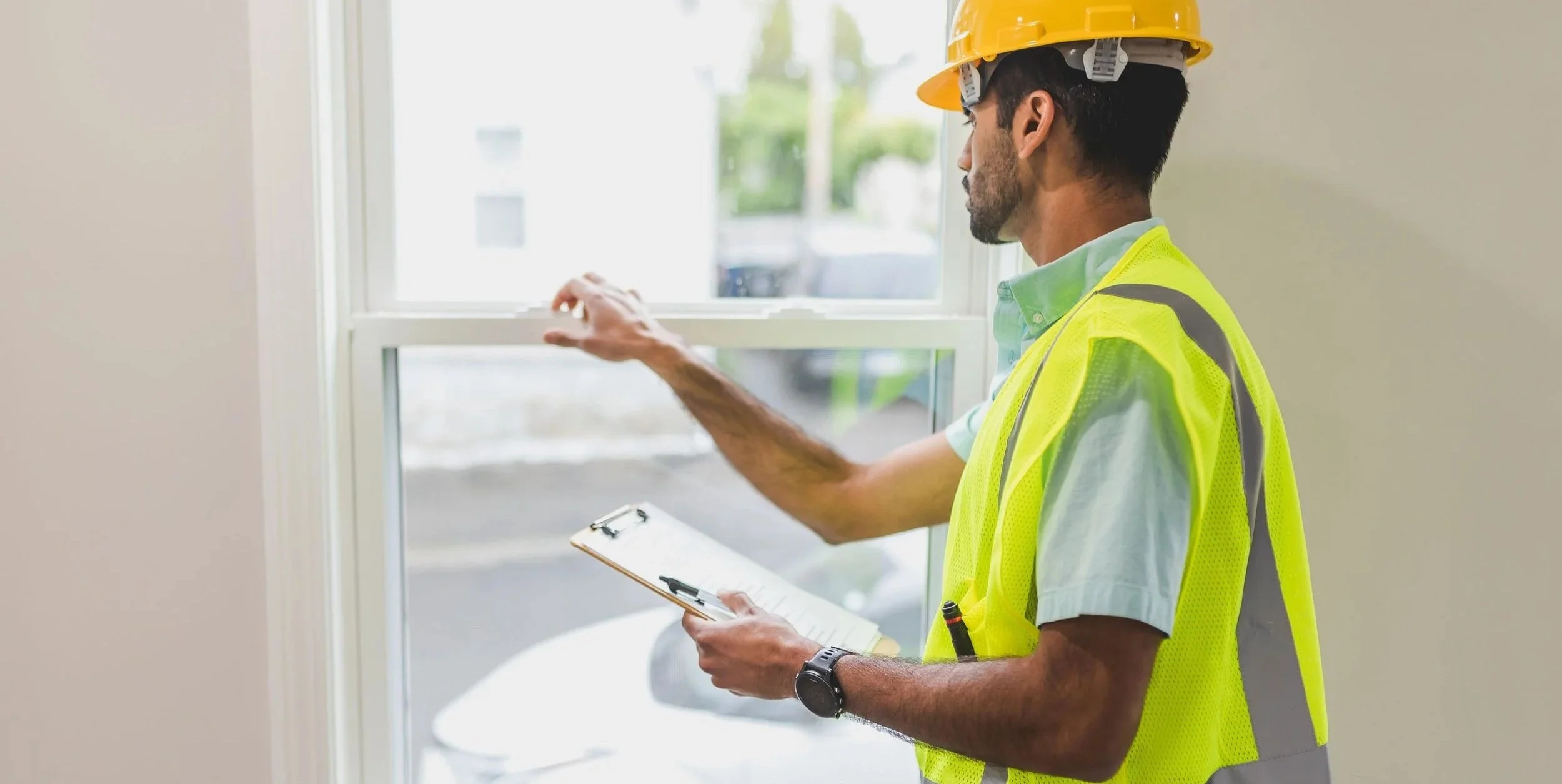 A construction worker in a safety vest and hard hat inspects a window indoors, holding a clipboard.