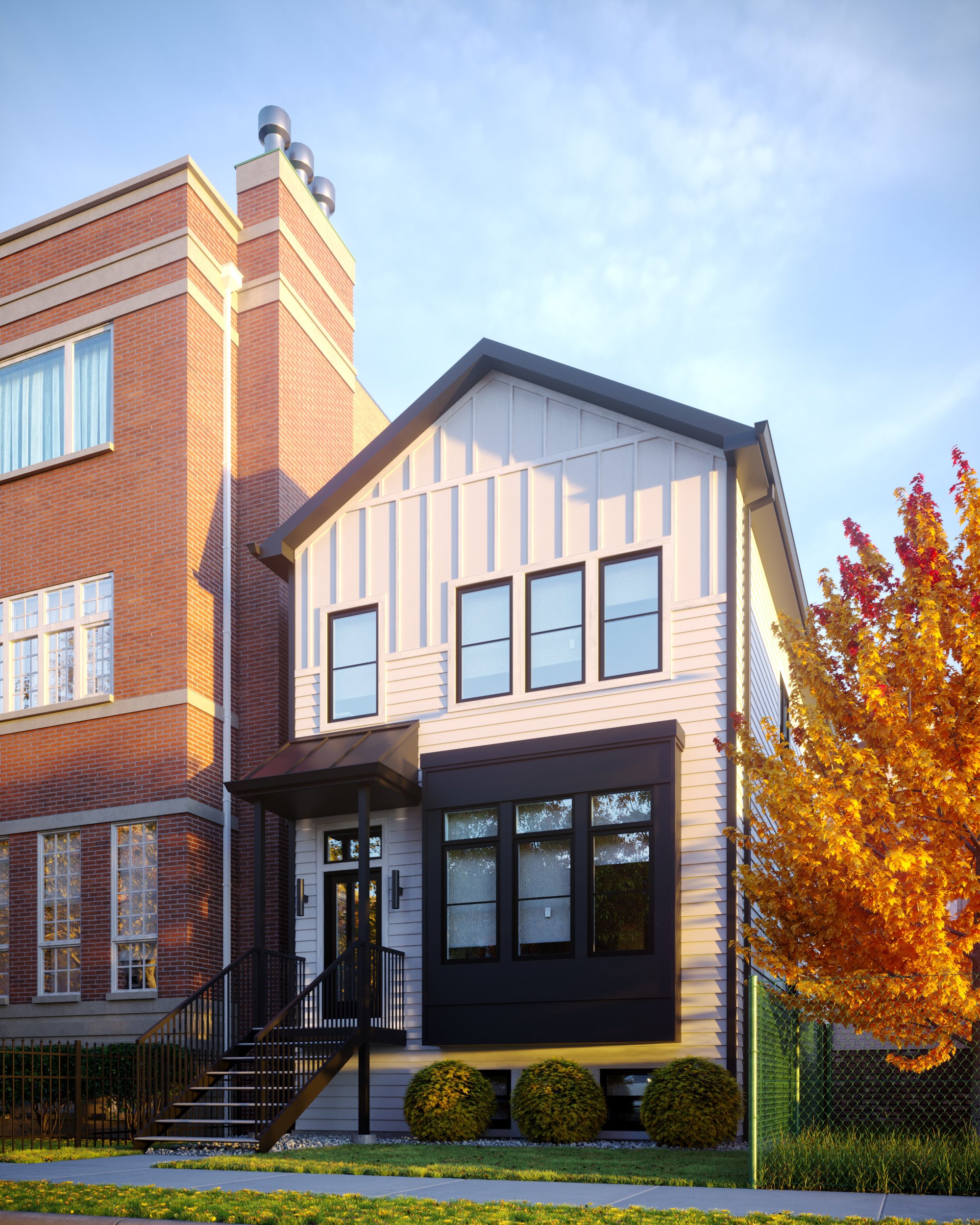 Single Family Home with Black Stairs Black Trim and Black Window Details 