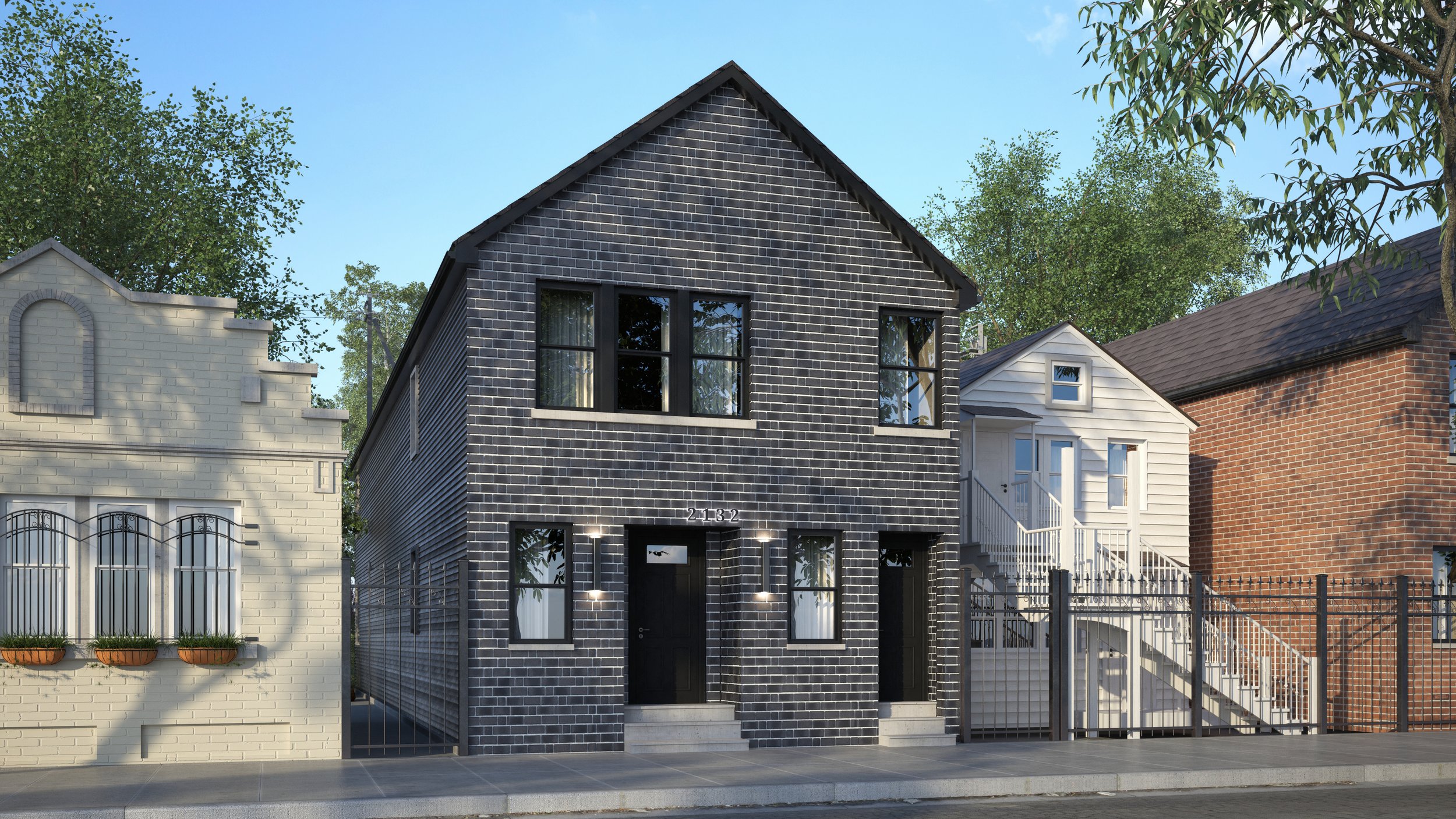Multi-Unit Property with Black Window Trim and Doors and Black Brick