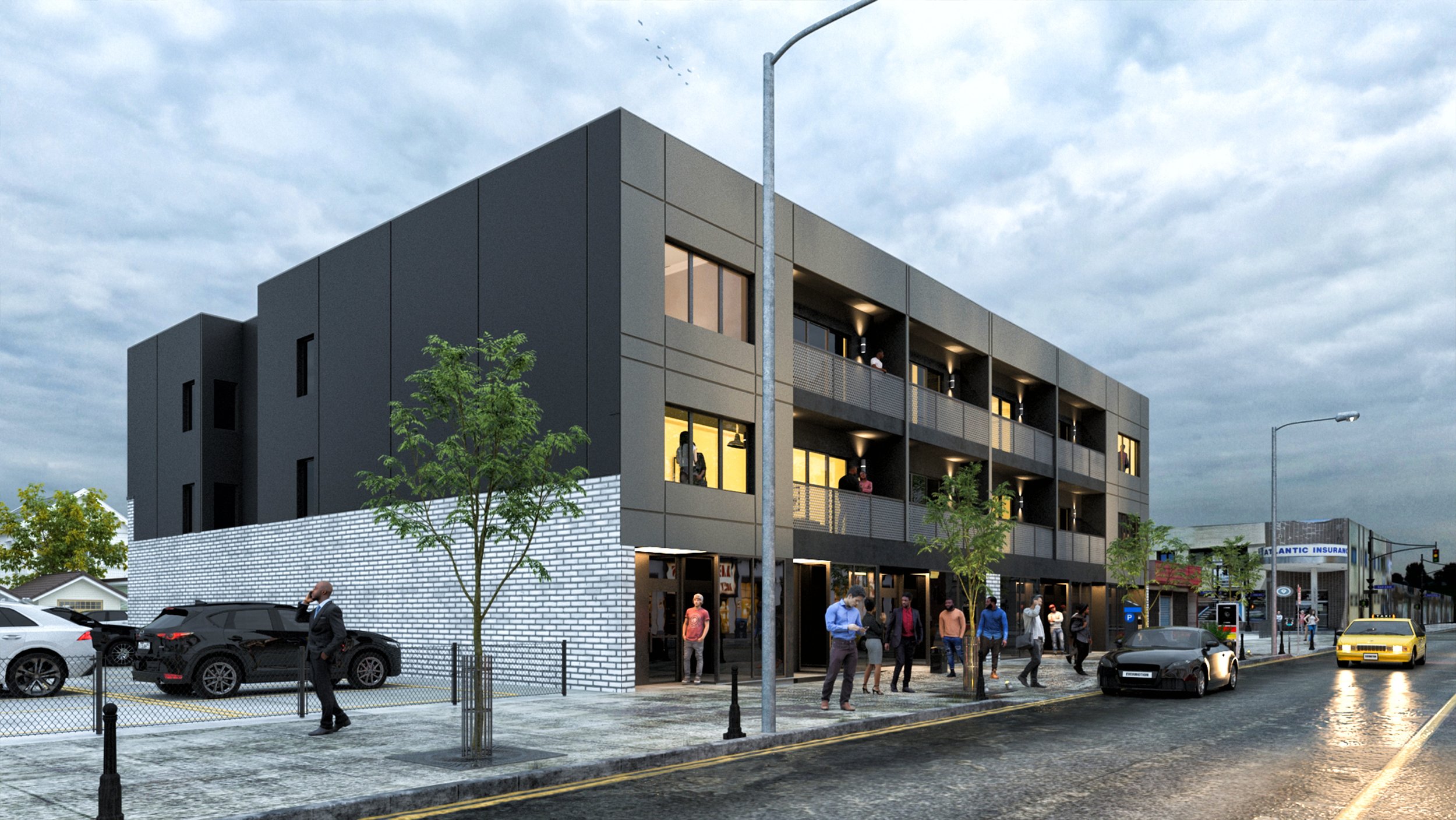 Commercial Development with Black Trim and Exterior Details