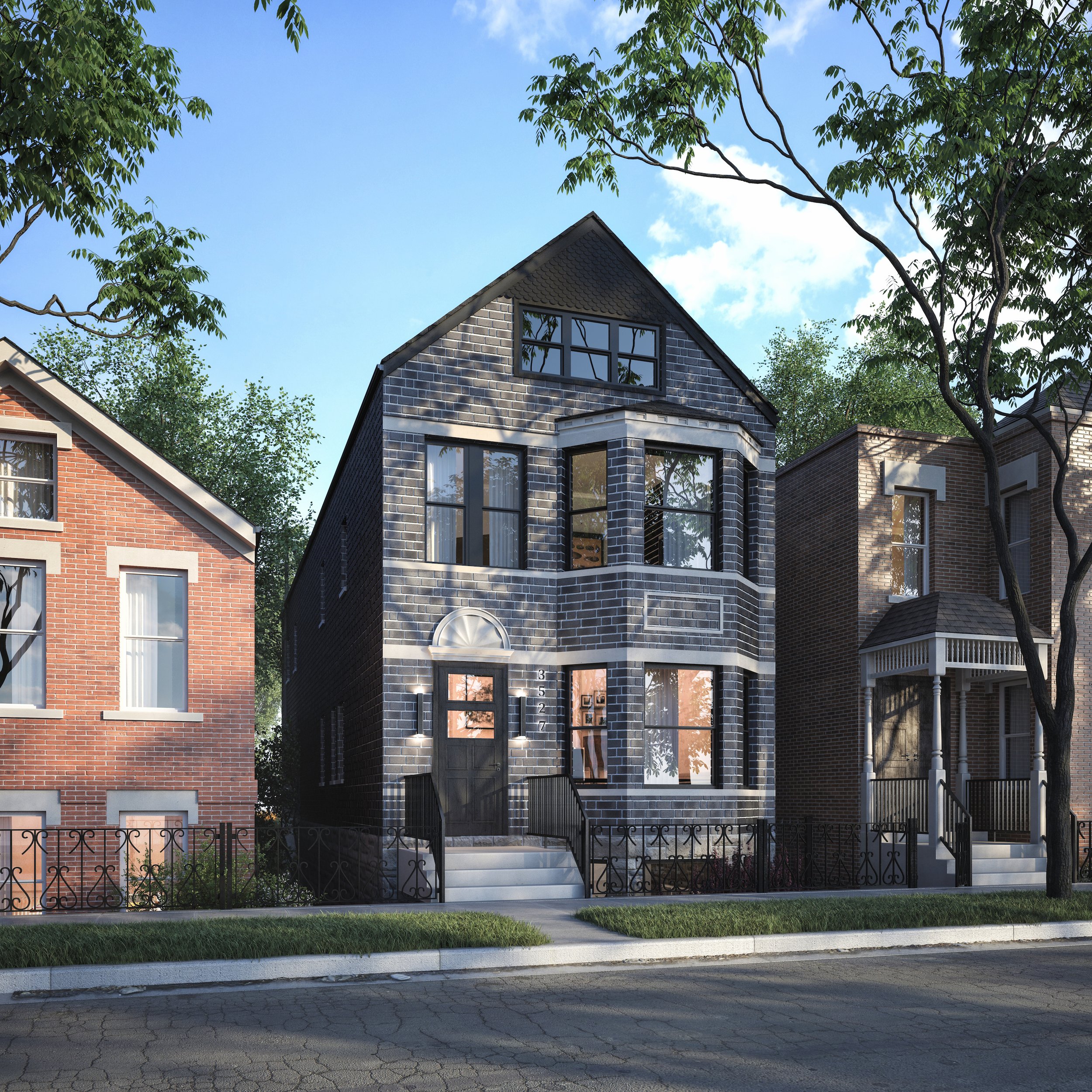 Single Family Home with Dark Gray Brick and Black Window Trim and Door