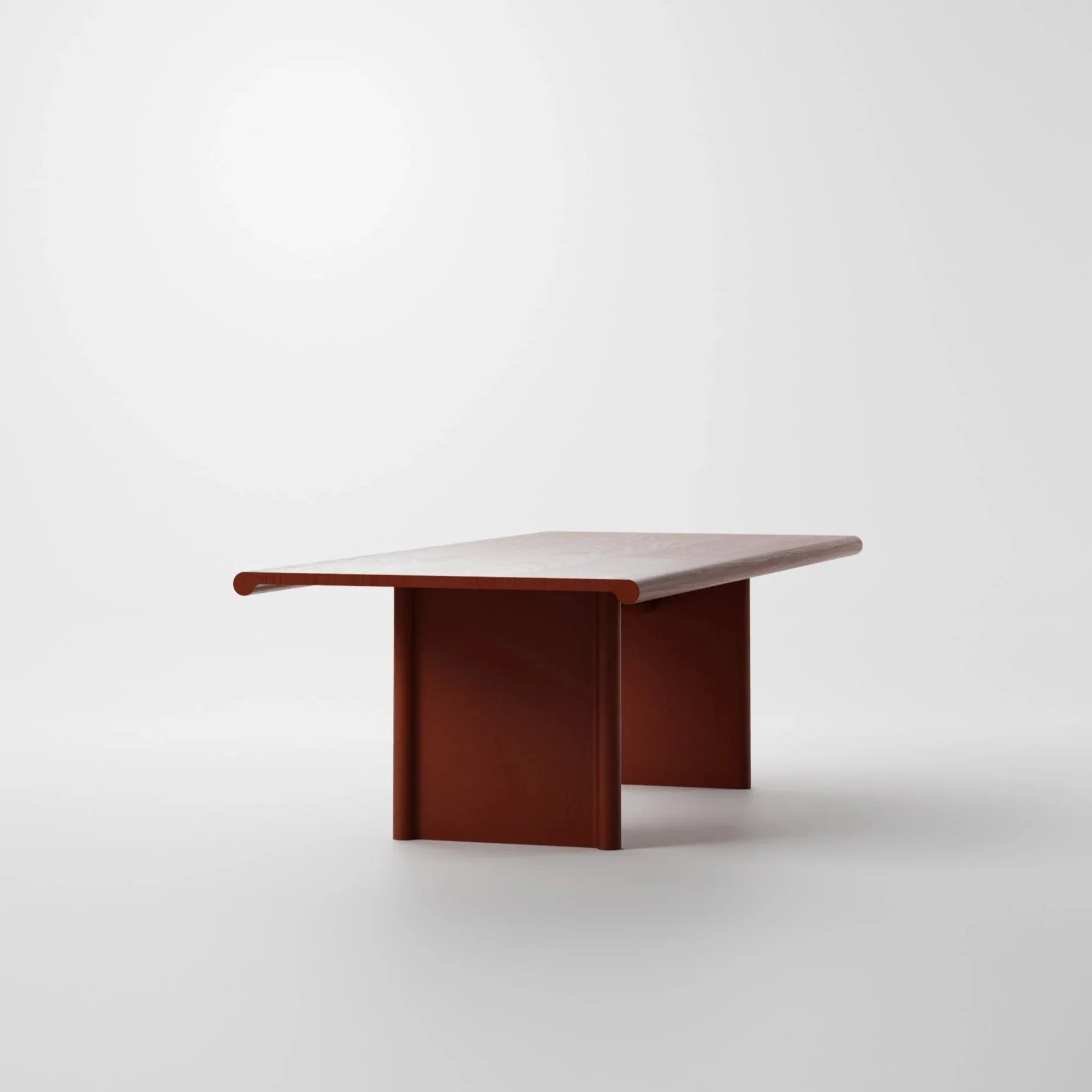 Modern wooden table with a flat surface and minimalistic design against a plain light background.