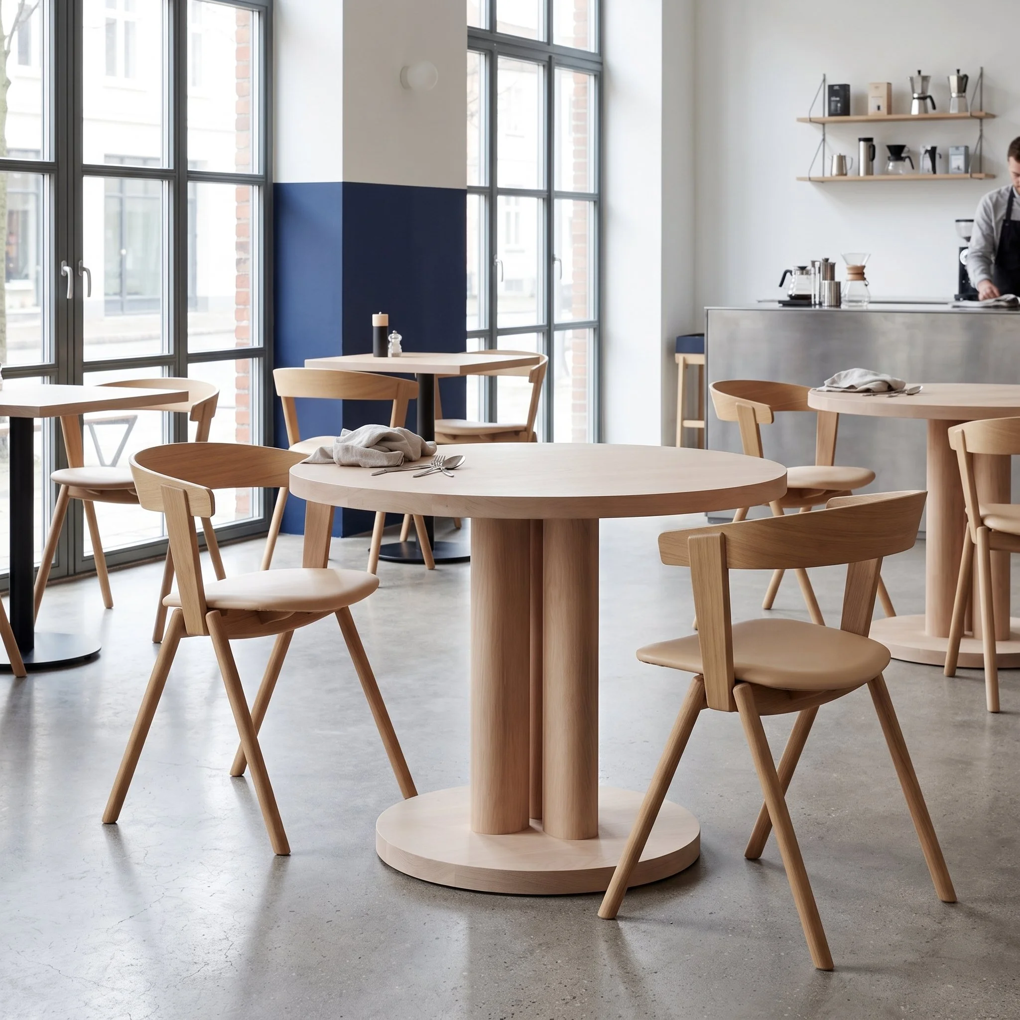 Modern interior café with round wooden tables and matching chairs near large glass windows, with shelves holding coffee makers and appliances, and a person visible in the background.