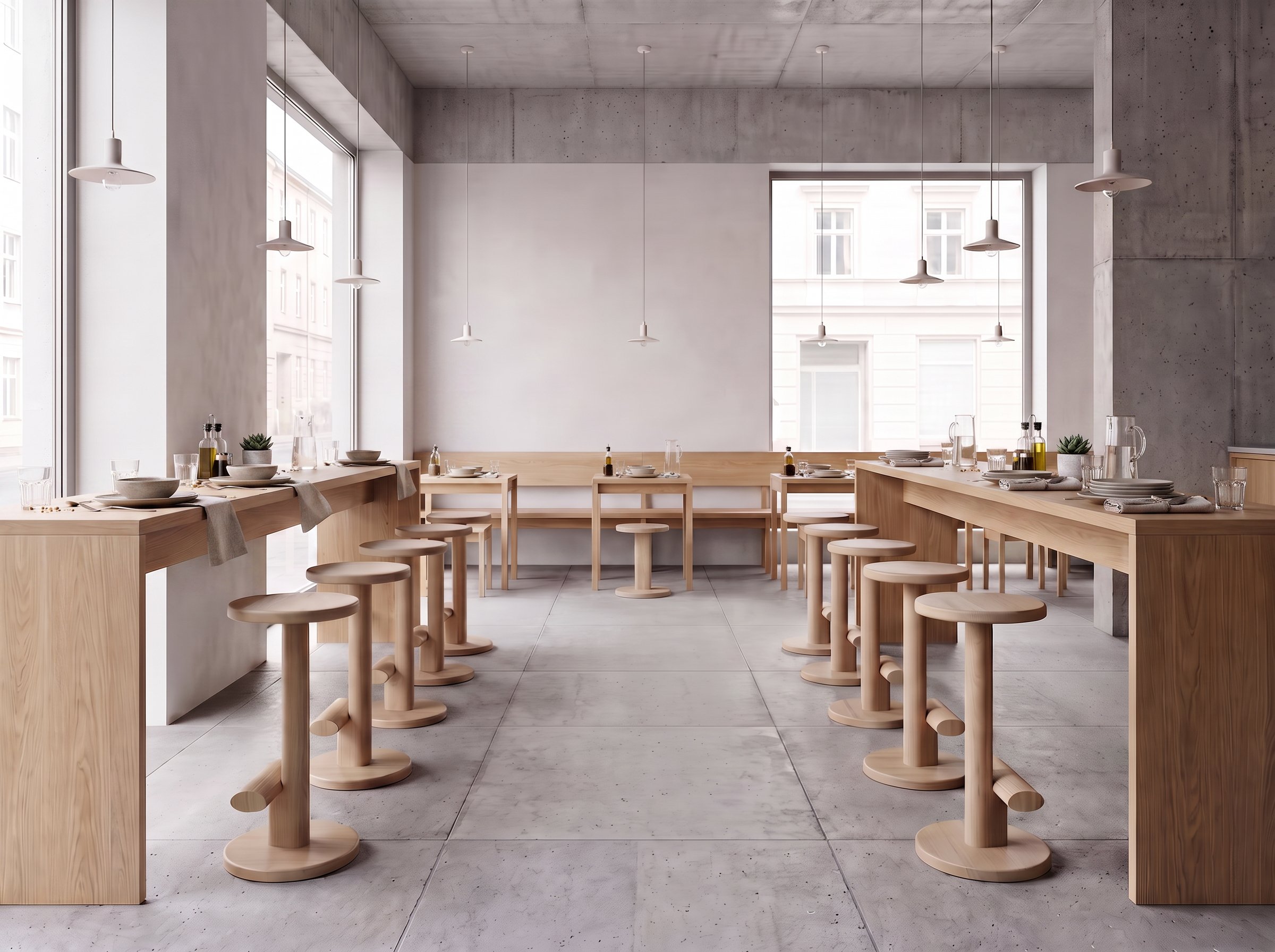 Minimalist dining area with light wood tables and stools, large windows letting in natural light, and pendant lights hanging from a concrete ceiling.