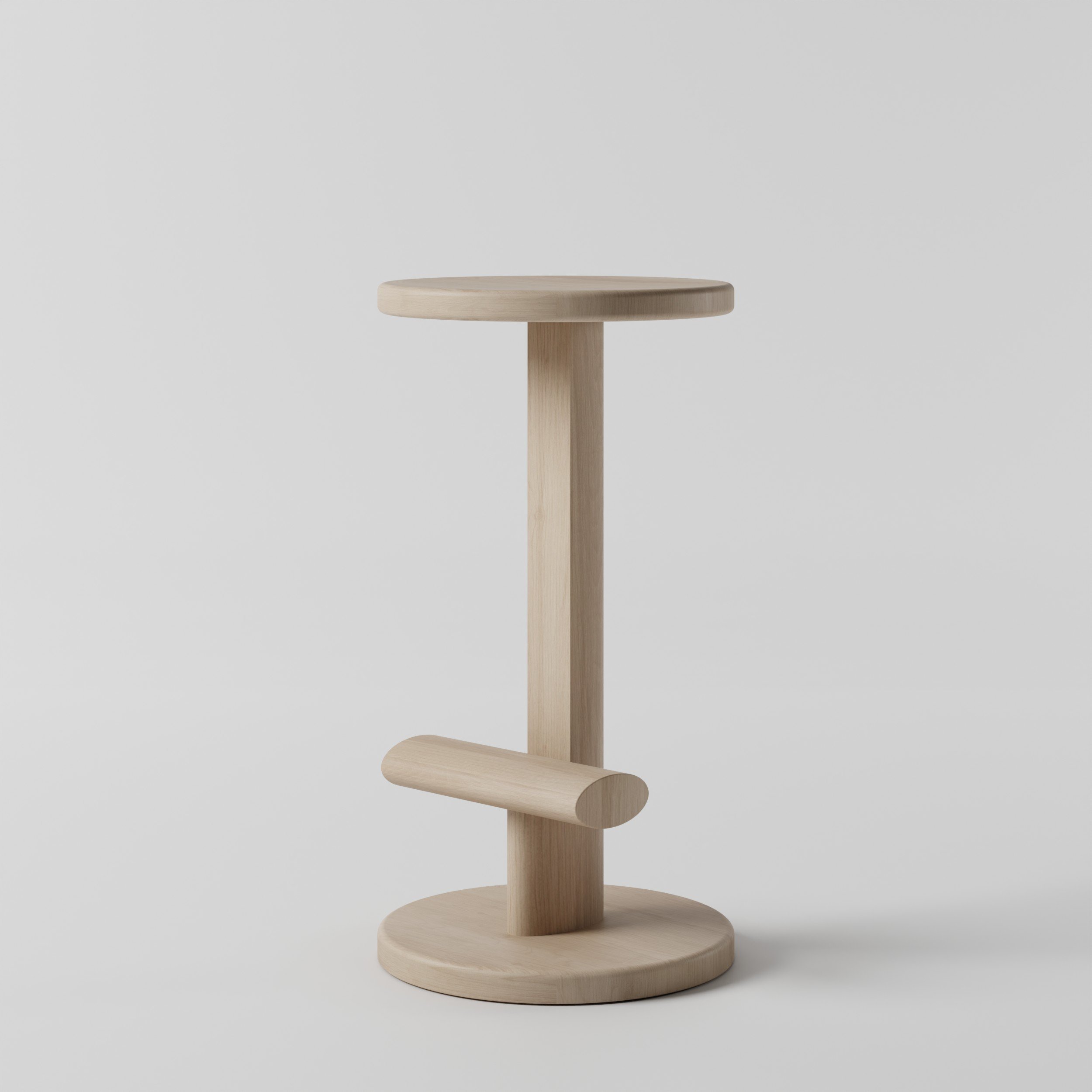 Minimalist wooden side table with a round top and curved base against a plain light gray background.