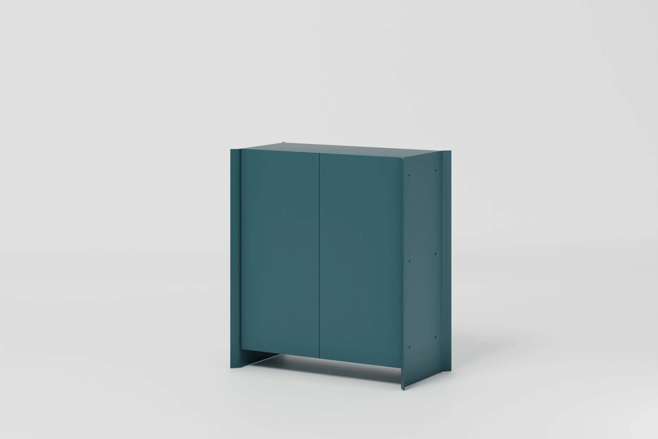 A blue cabinet standing on a plain light gray background.