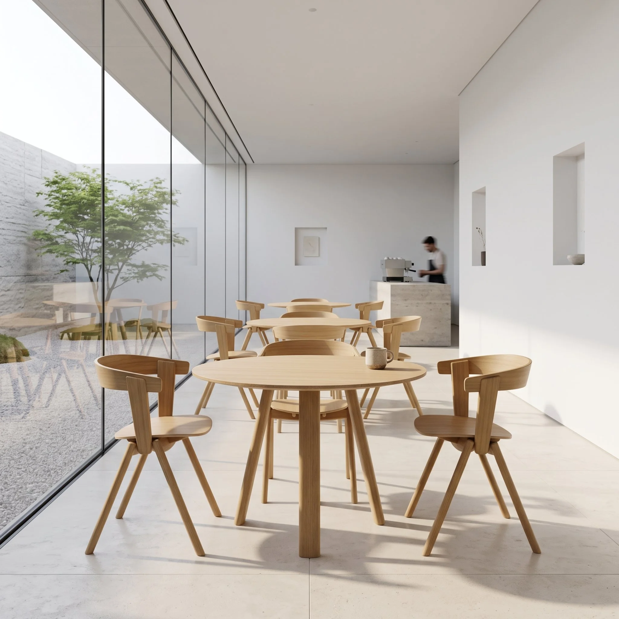 Modern interior with wooden tables and chairs, large floor-to-ceiling glass windows showing greenery outside, and a person in the background.