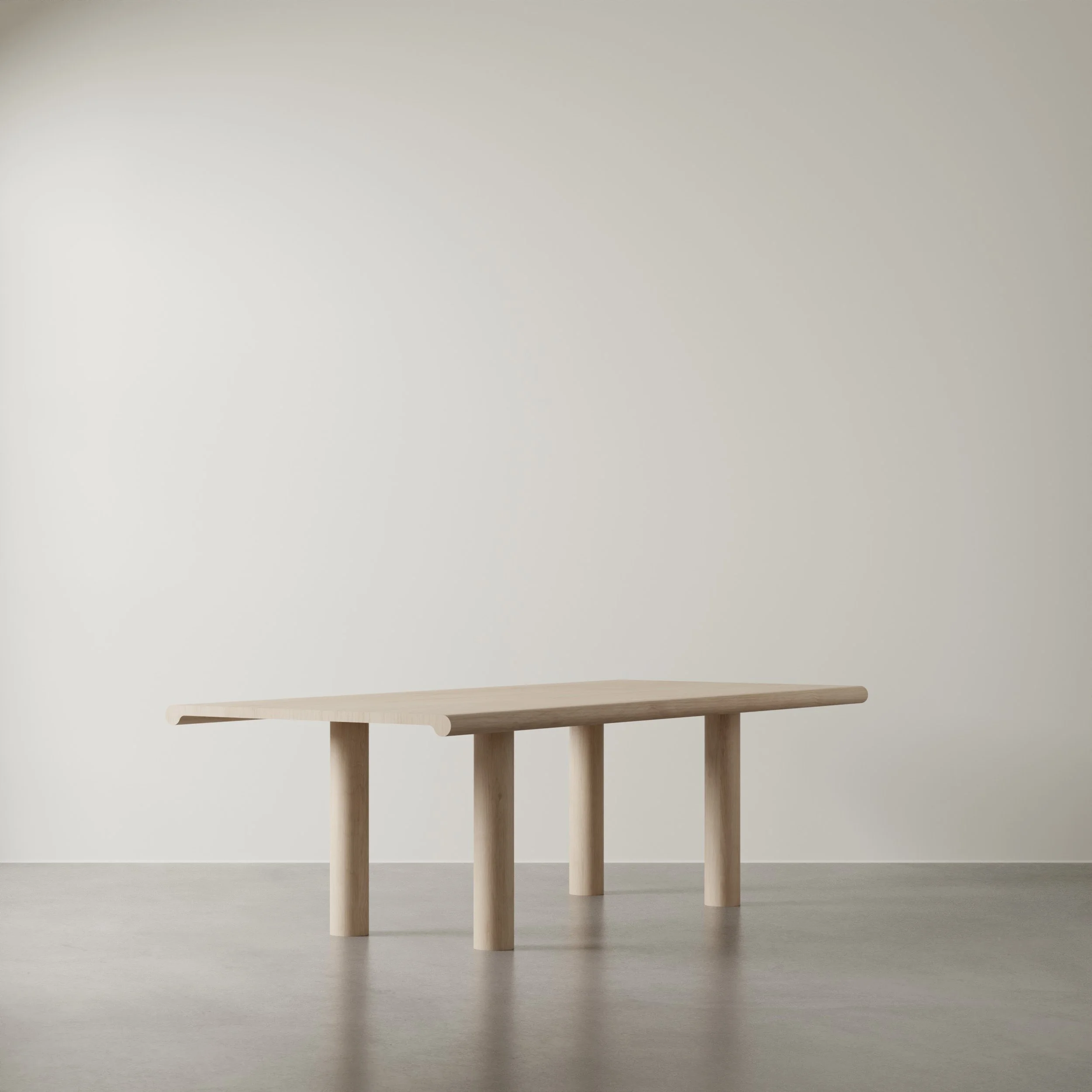 Minimalist wooden bench with rounded supports placed on a neutral gray floor, set against a plain off-white wall.