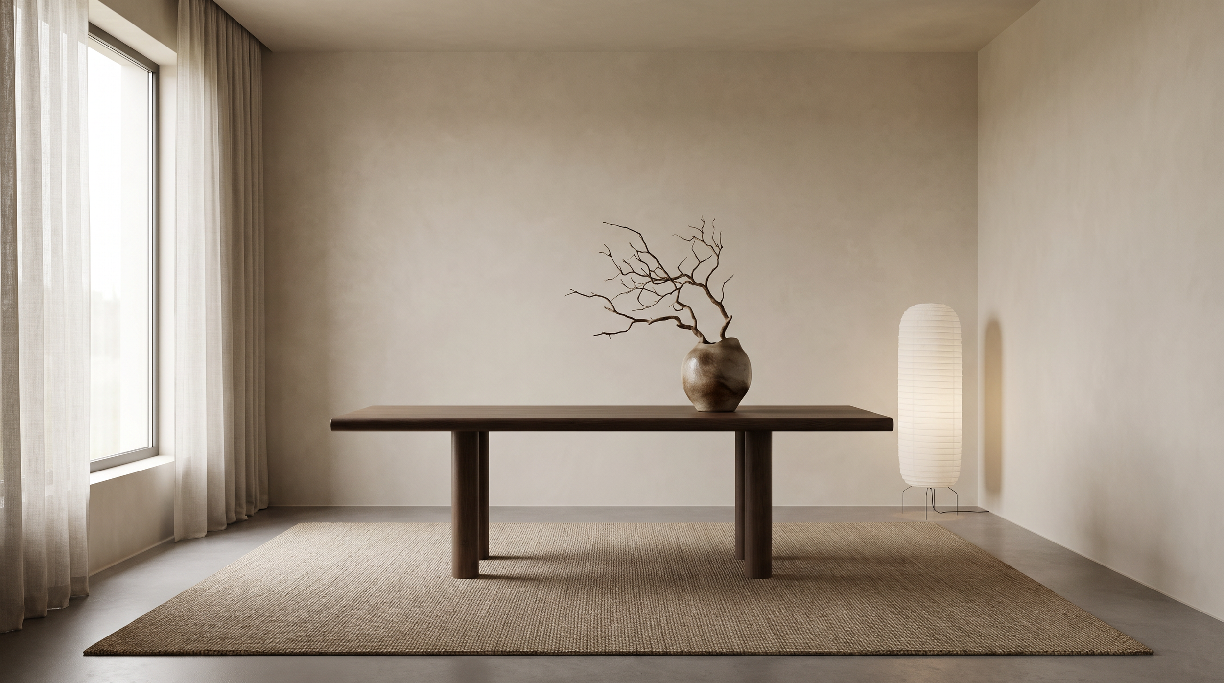 Minimalist interior with a wooden table, a vase with a branch, a white floor lamp, natural light from a window, cream-colored walls, and a beige carpet.