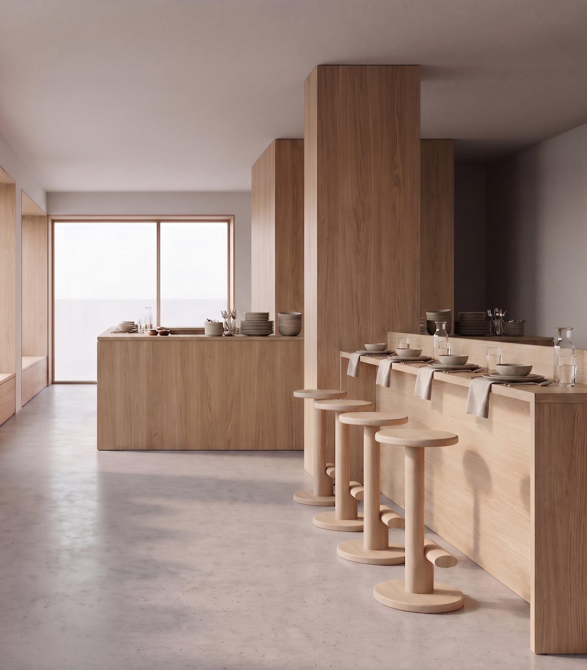 Modern, minimalist kitchen with wooden cabinets, a kitchen island, and a bar-height counter with stools, set for dining with bowls, plates, and glasses.