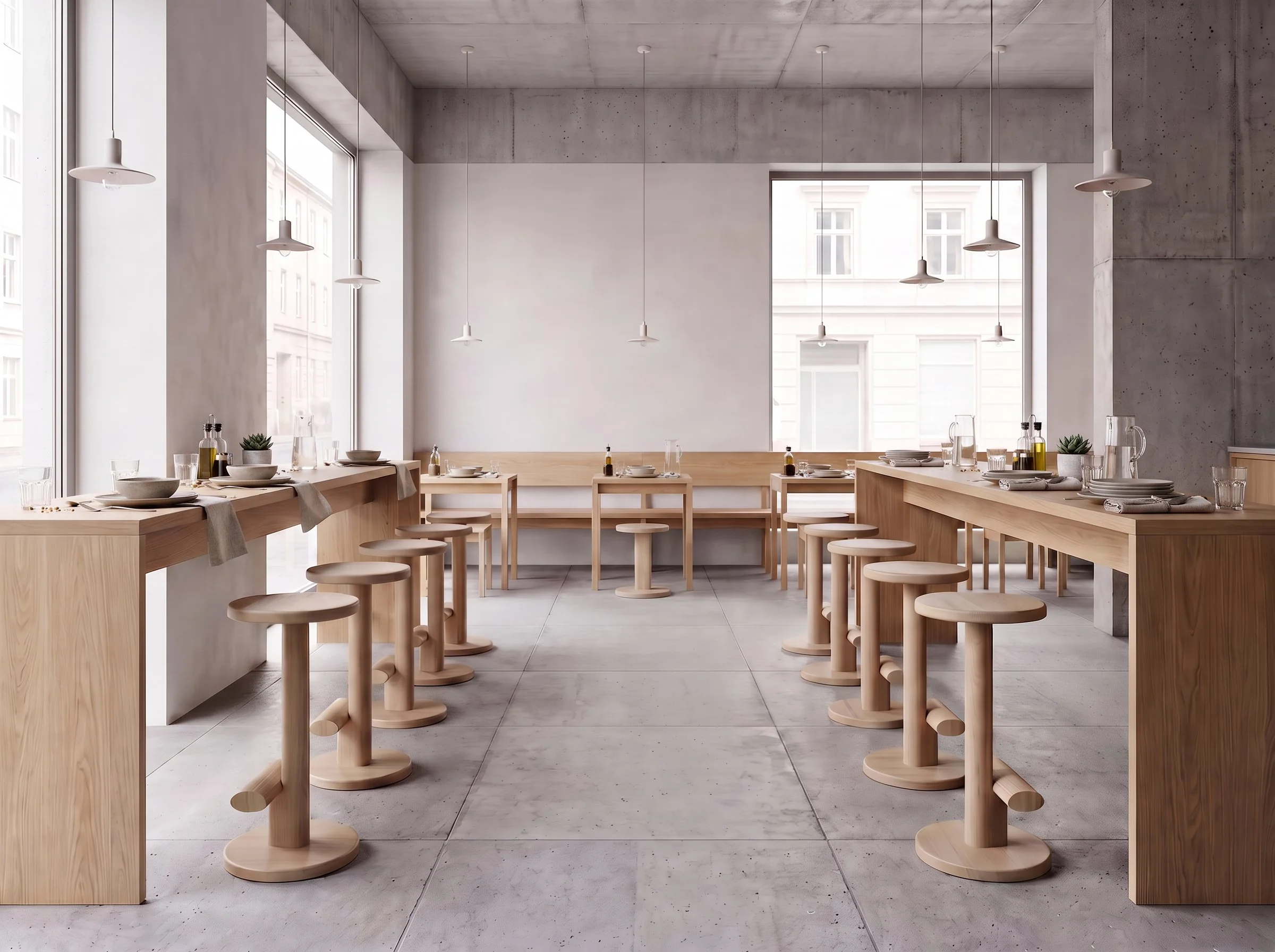 Minimalist dining area with wooden tables, stools, and hanging pendant lights, large windows, and a concrete ceiling.