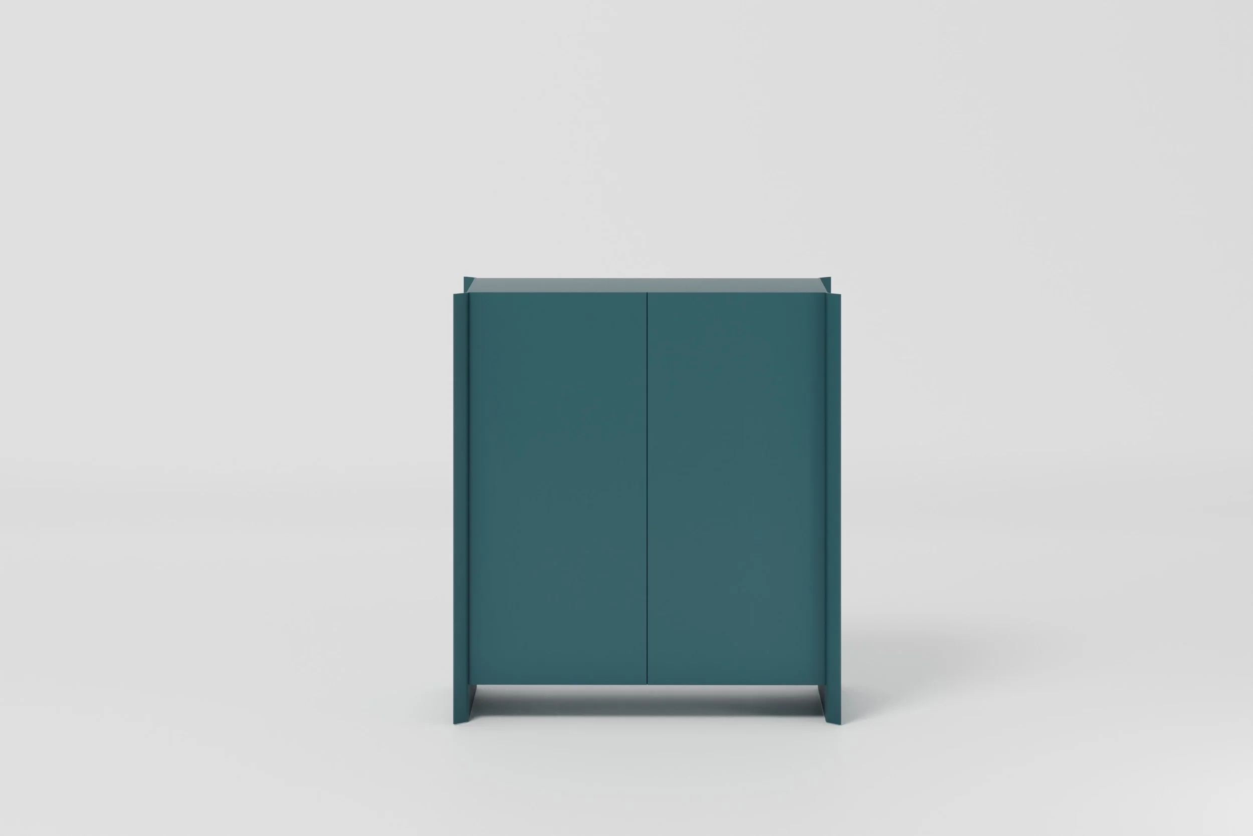 A teal-colored cabinet with two doors, standing against a plain light gray background.