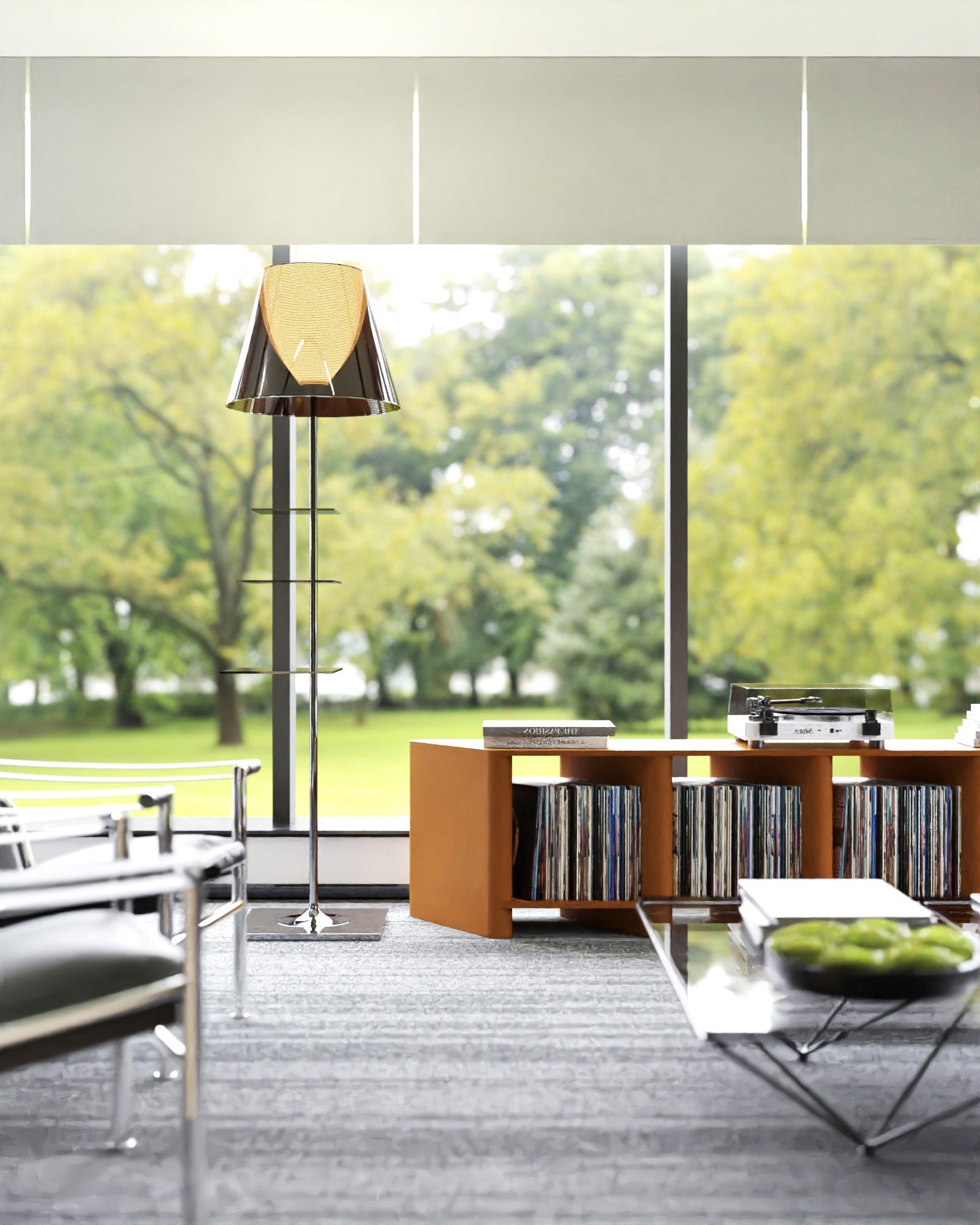 Living room with a large window overlooking green trees, a modern floor lamp, a wooden bookshelf filled with vinyl records, and a turntable on top.