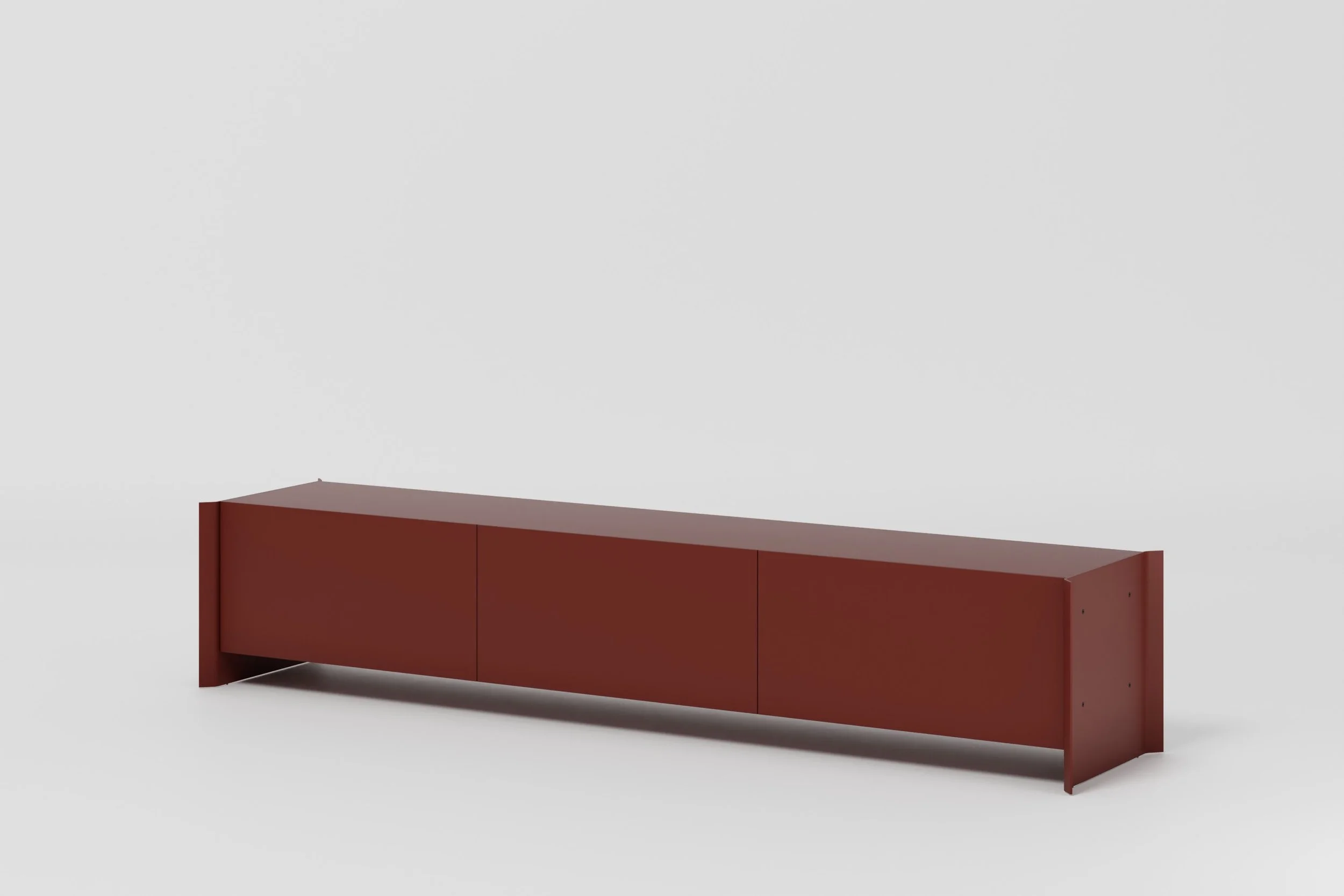 A modern red cabinet with a flat top and clean lines against a light gray background.