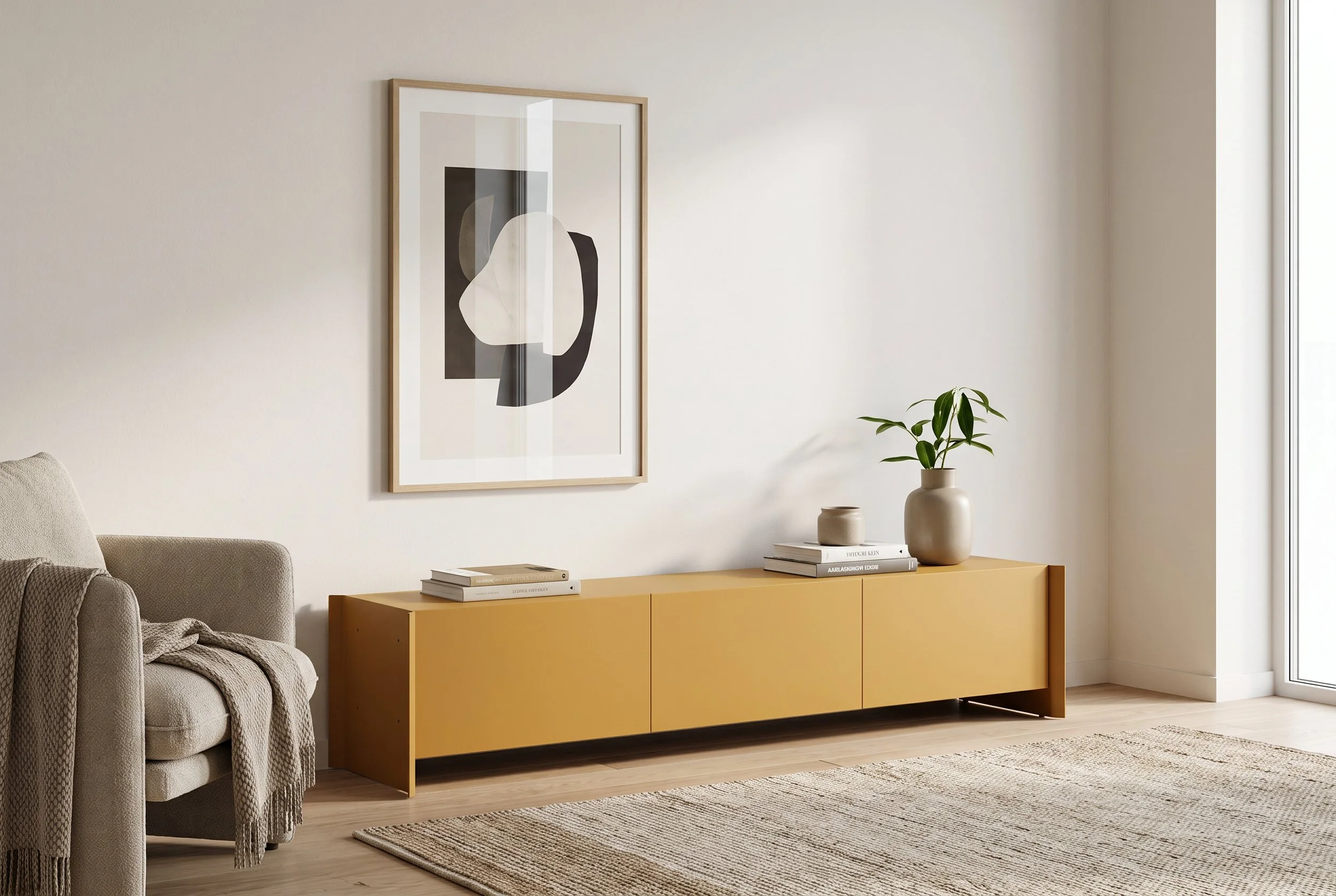 A living room corner with a cream sofa, beige throw blanket, wooden sideboard, abstract art print on the wall, potted plant, stack of books, and a window with natural light.