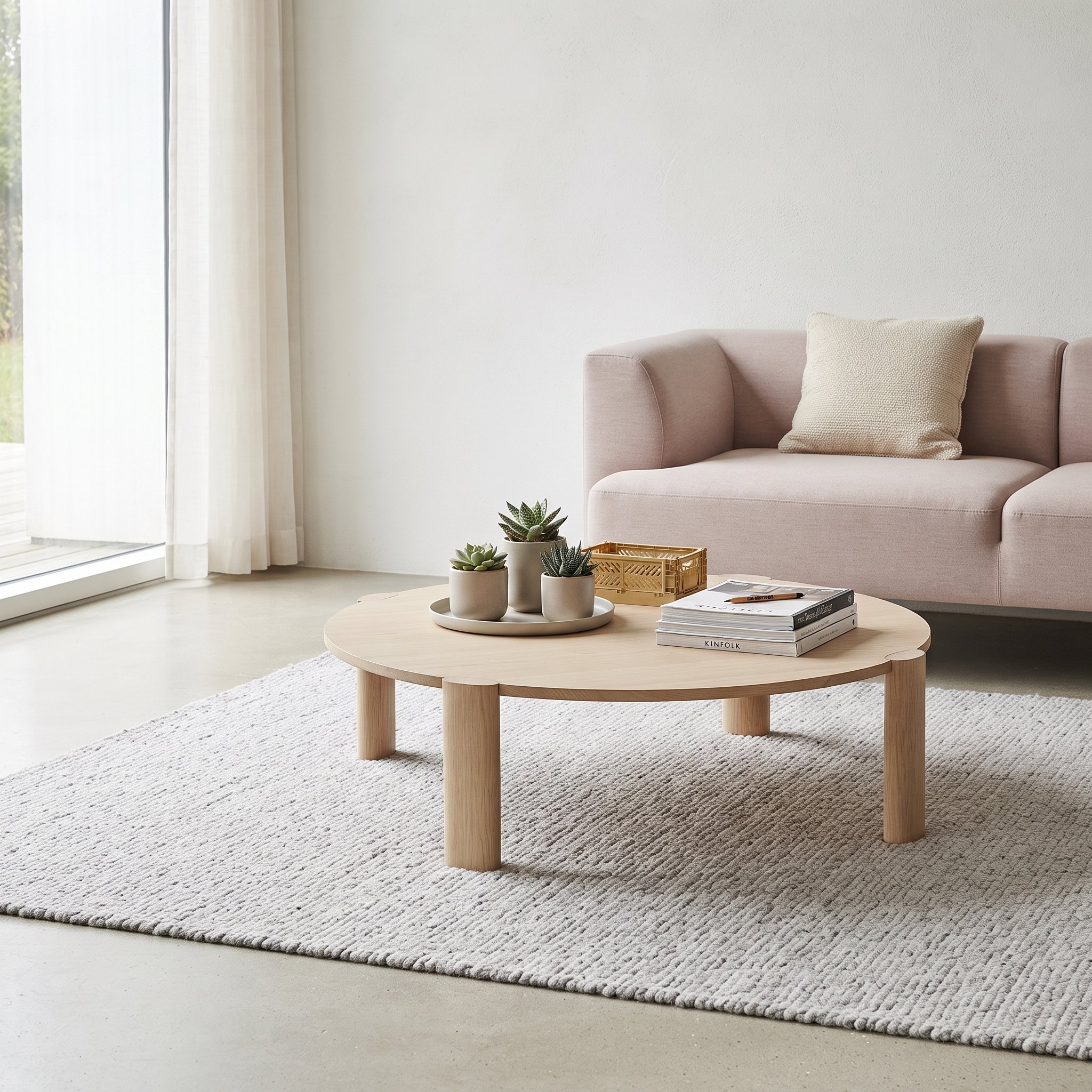 A beige sectional sofa with a textured beige pillow on a wood coffee table, placed on a cream rug in a bright living room next to large windows with white curtains and several small potted succulents on the table.
