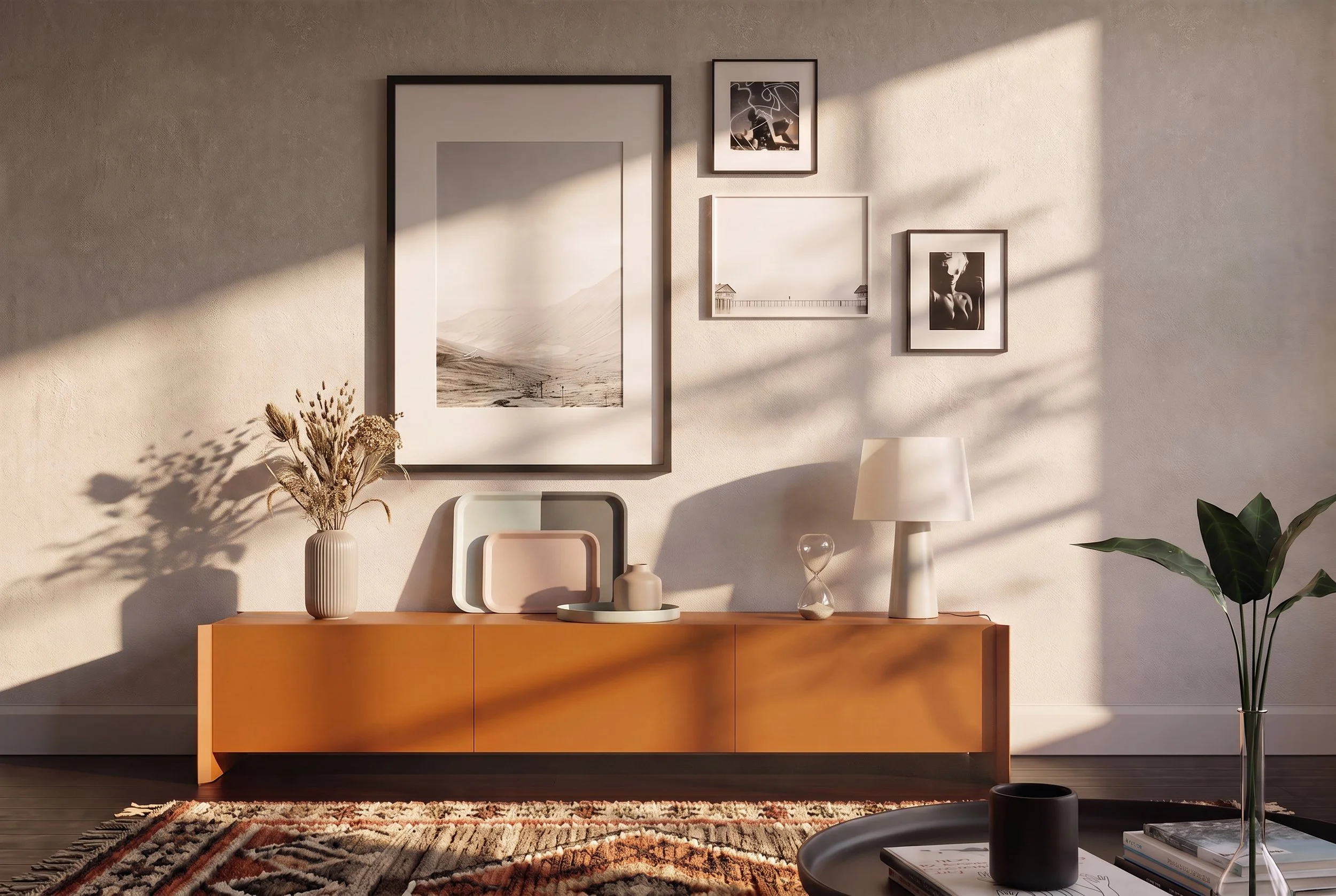 Living room wall with four framed black and white photographs, a white lamp, a beige vase with dried flowers, small decorative objects on a wooden sideboard, a colorful patterned rug, and a large green plant in a black pot. Sunlight casts shadows acr