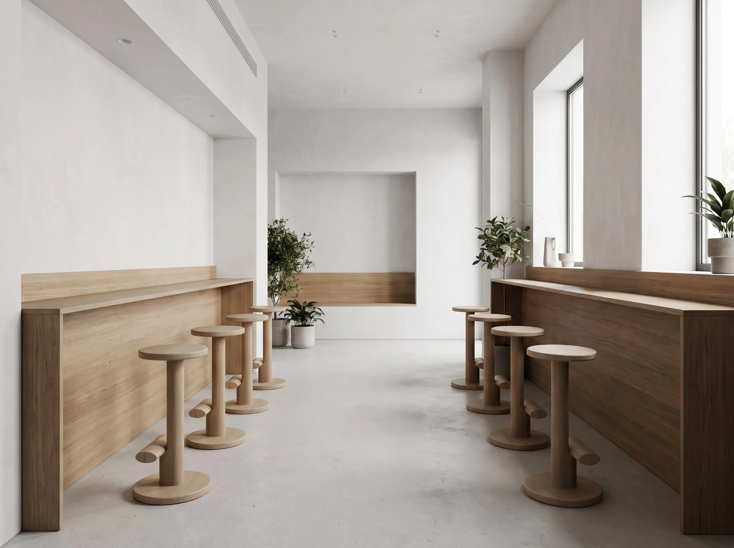 Minimalist interior with white walls, large windows, wooden benches, and small round wooden stools in a well-lit space with potted plants.