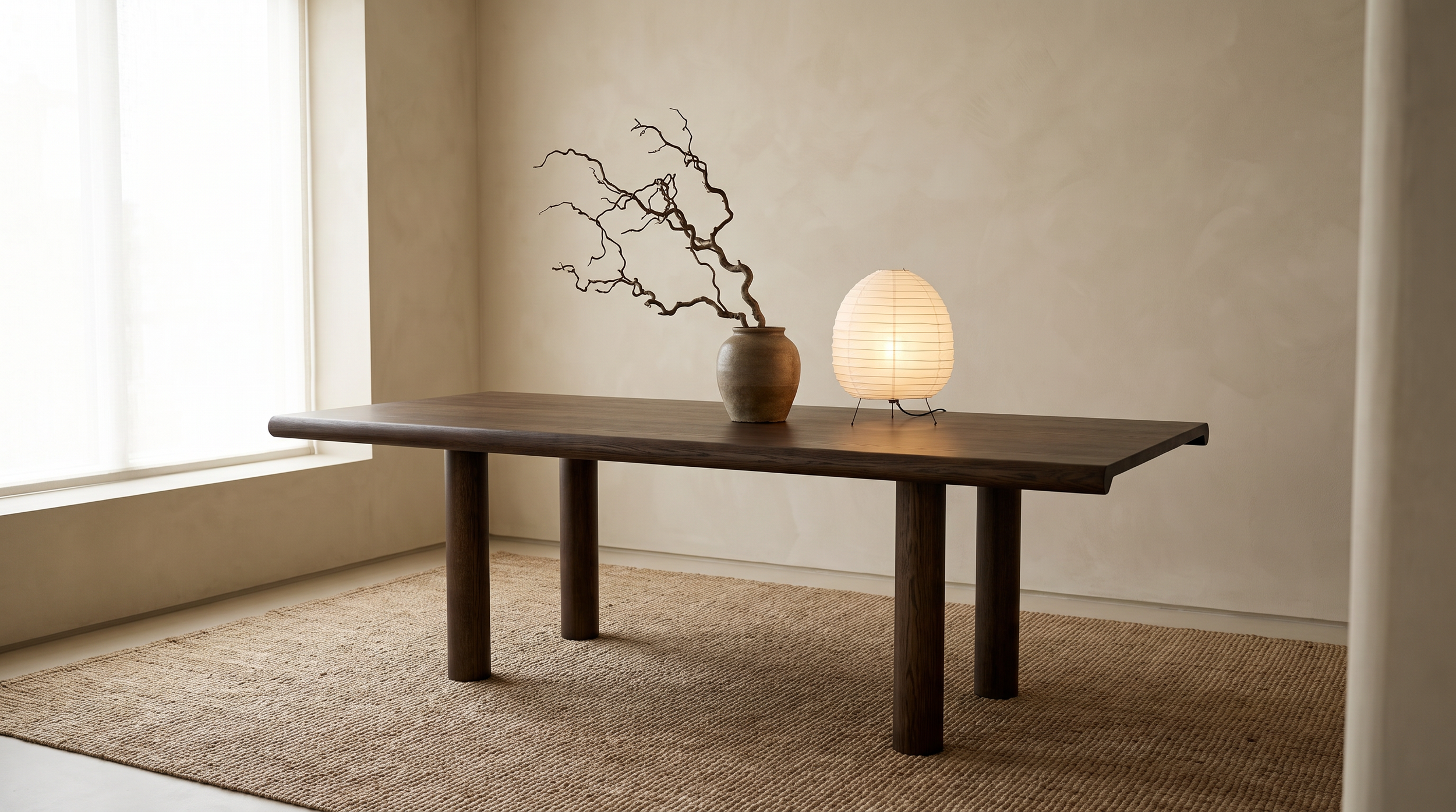 Simple wooden table with a ceramic vase containing dry, twisted branches and a paper lantern lamp on top, in a room with beige walls and carpet.