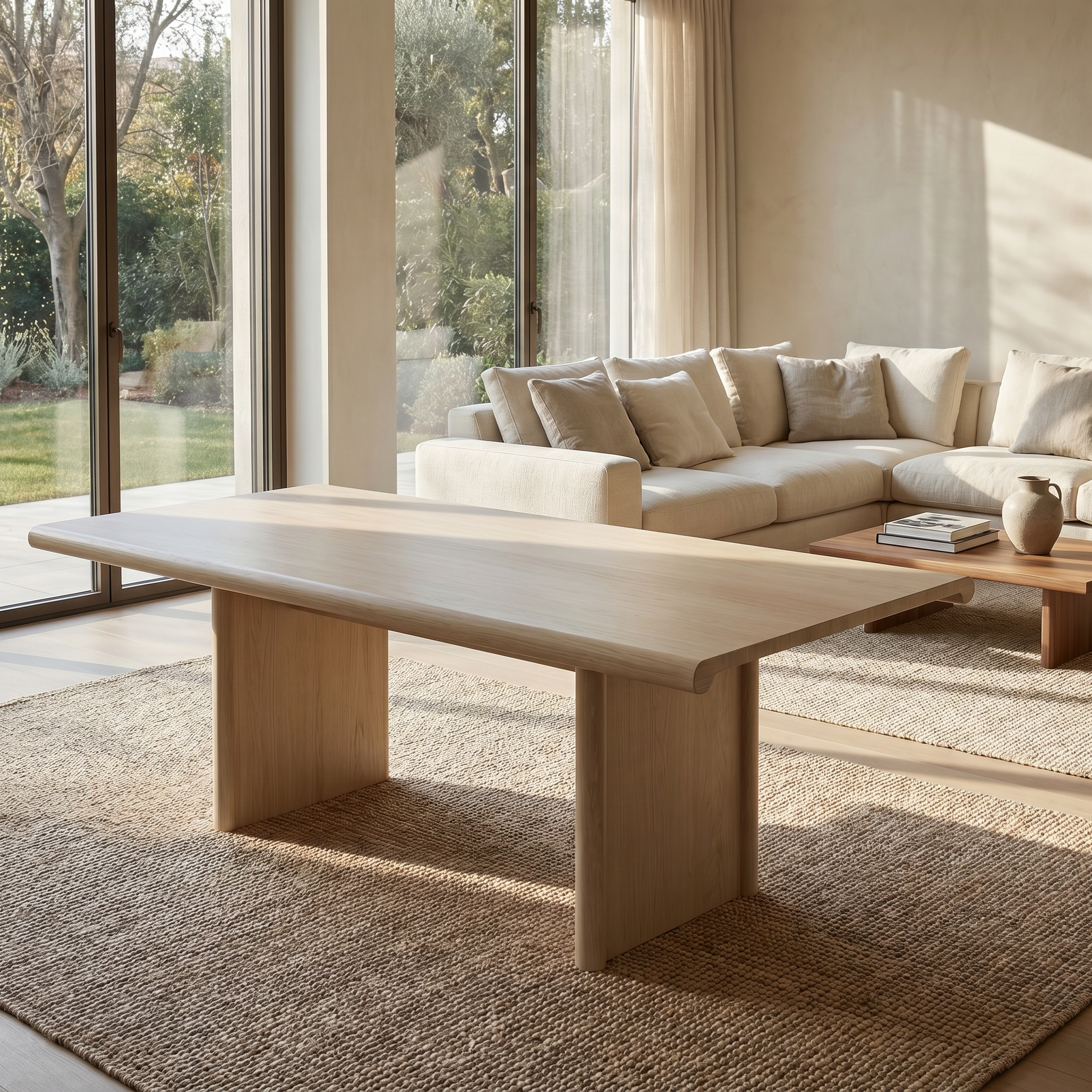 Sunlight coming through large glass sliding doors into a living room with neutral-colored furniture, a beige rug, and a wooden coffee table.