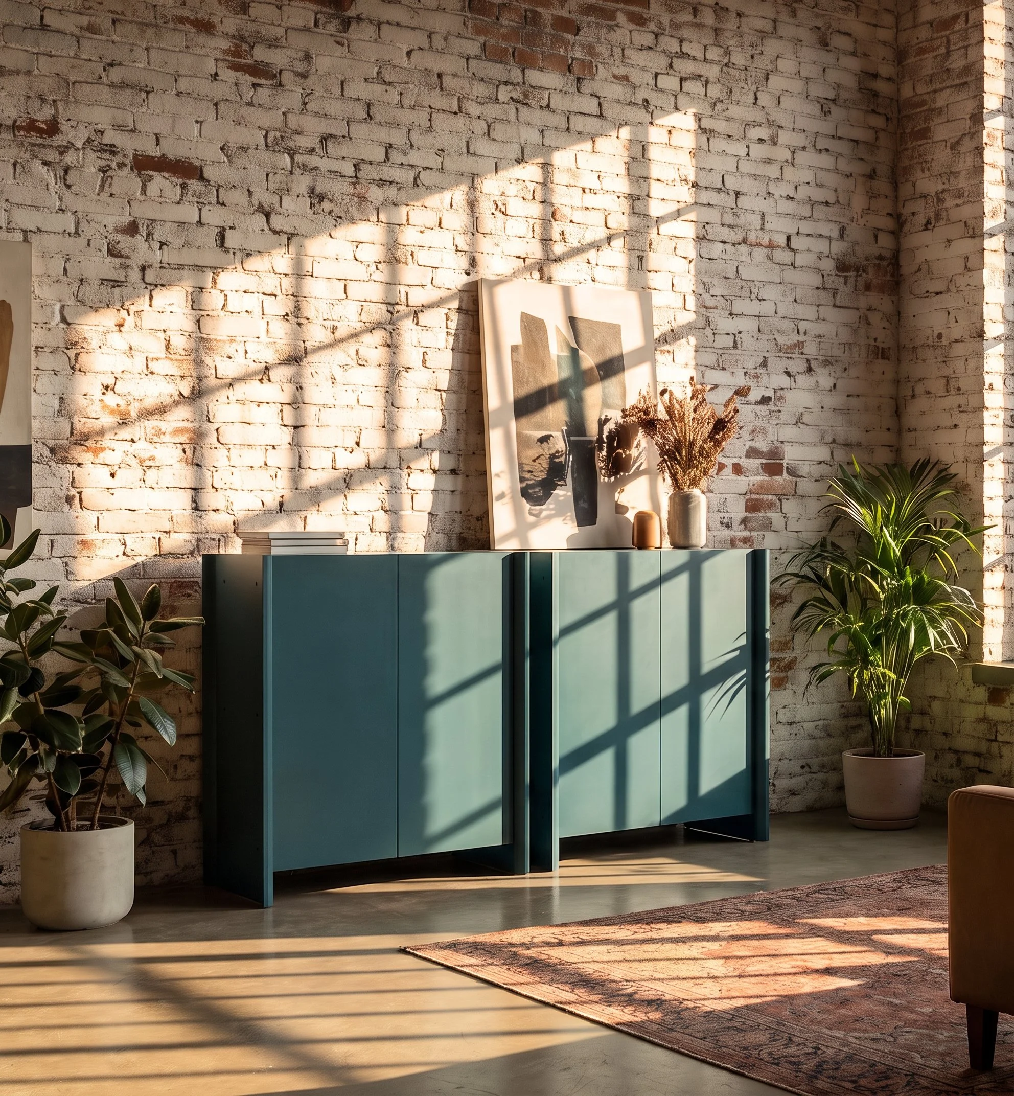 Sunlight casts shadows across a brick wall in a modern living space, with a teal cabinet, framed artwork, plants, and a patterned rug.