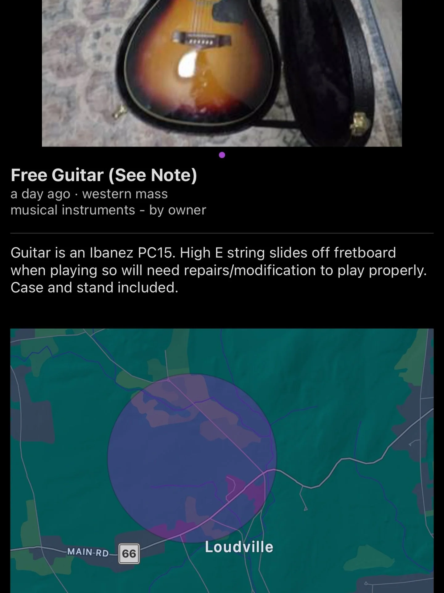 I had to screenshot this today. There&rsquo;s a free guitar, outside of Loudville, near the crossroads off of Route 66, I feel like someone is looking for a soul to steal.
