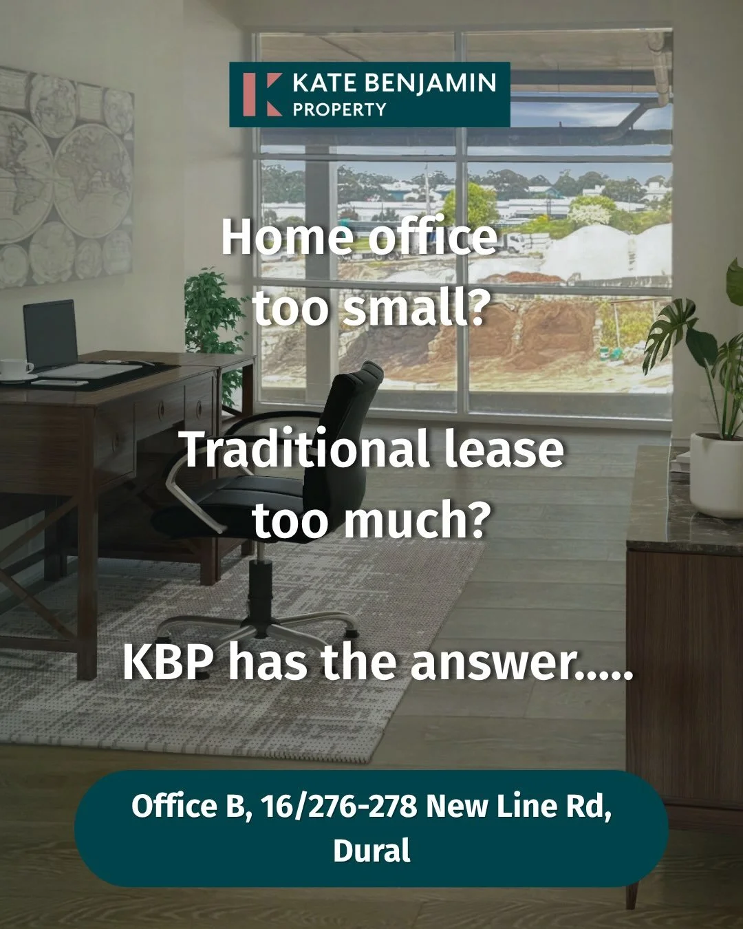 Outgrown the home office? Not ready for a traditional lease?

Serviced space. Approx 25 sqm of bright, professional space in Dural. Move in ready. No fit-out. No outgoings. Your own car space, shared boardroom for meetings, kitchen sorted. Just bring