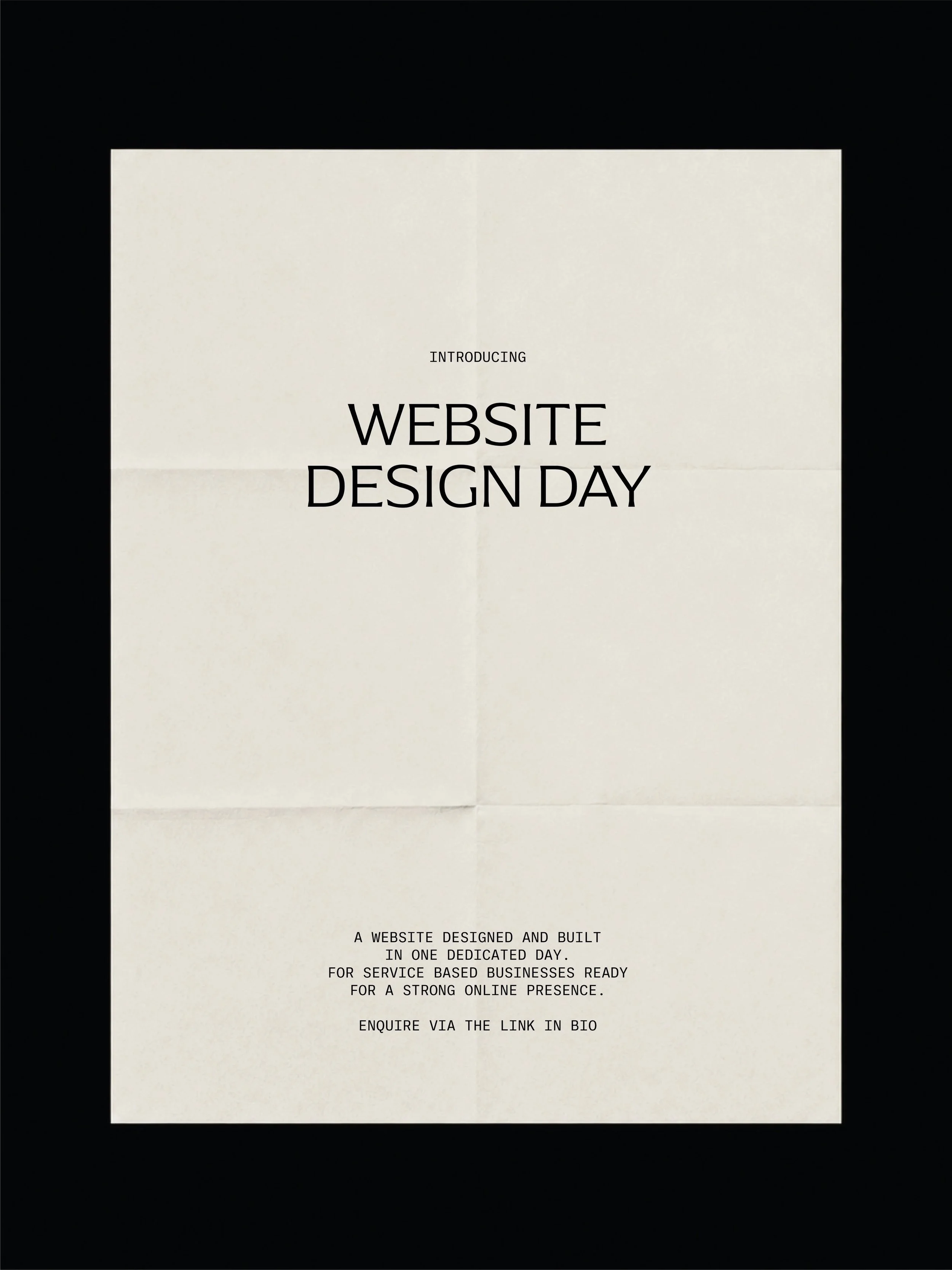 Introducing Website Design Day.

Whether you&rsquo;re needing a new website or looking to have an existing one refreshed, during a Website Design Day we can create a professional Squarespace website that reflects the quality of your business. 

We&rs