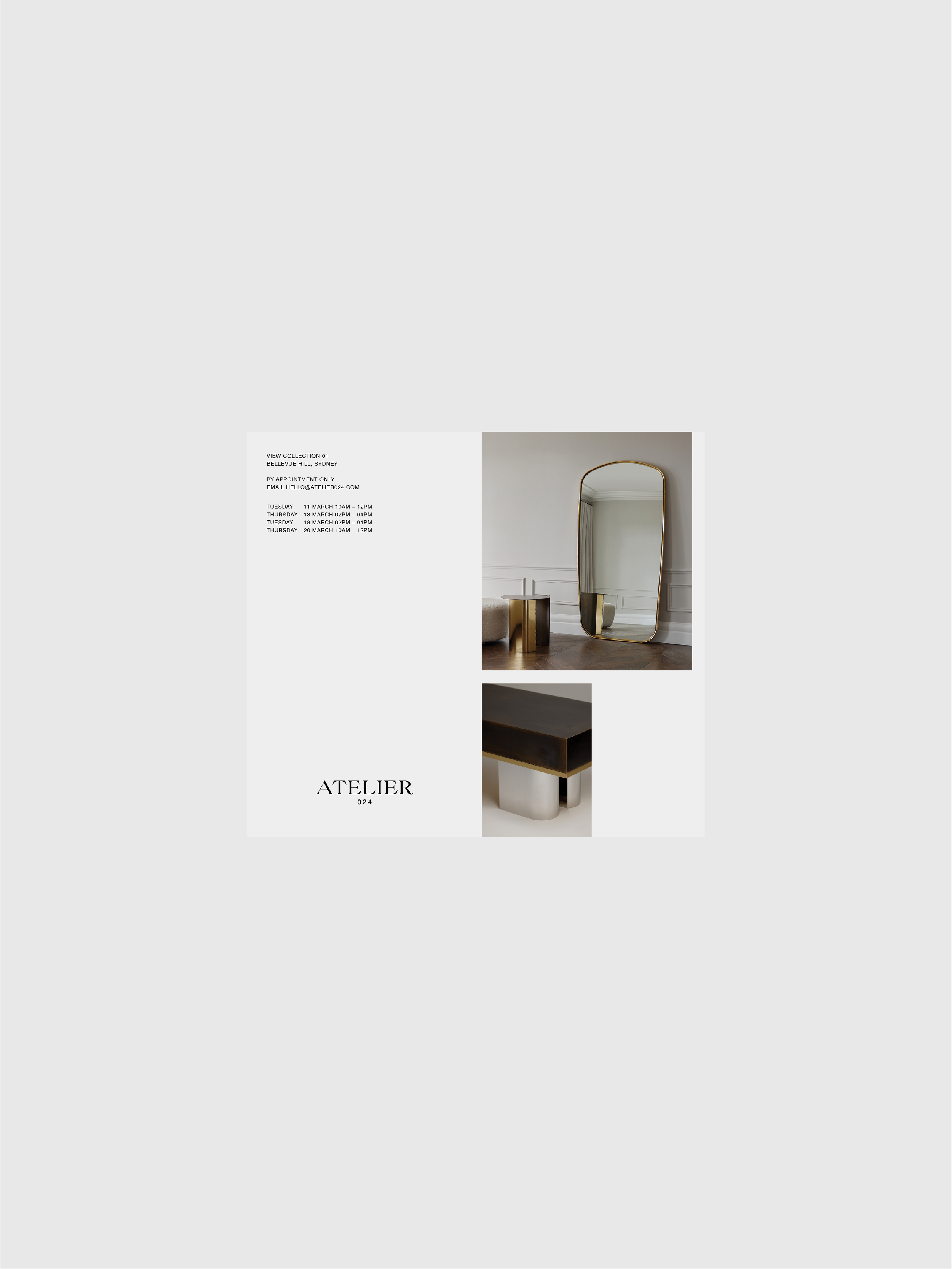 A promotional flyer for ATELIER 024, a furniture store, featuring images of modern decor including a large mirror, a lamp, and a table in a minimalist interior. The flyer includes text with collection details, appointment information, and store hours.