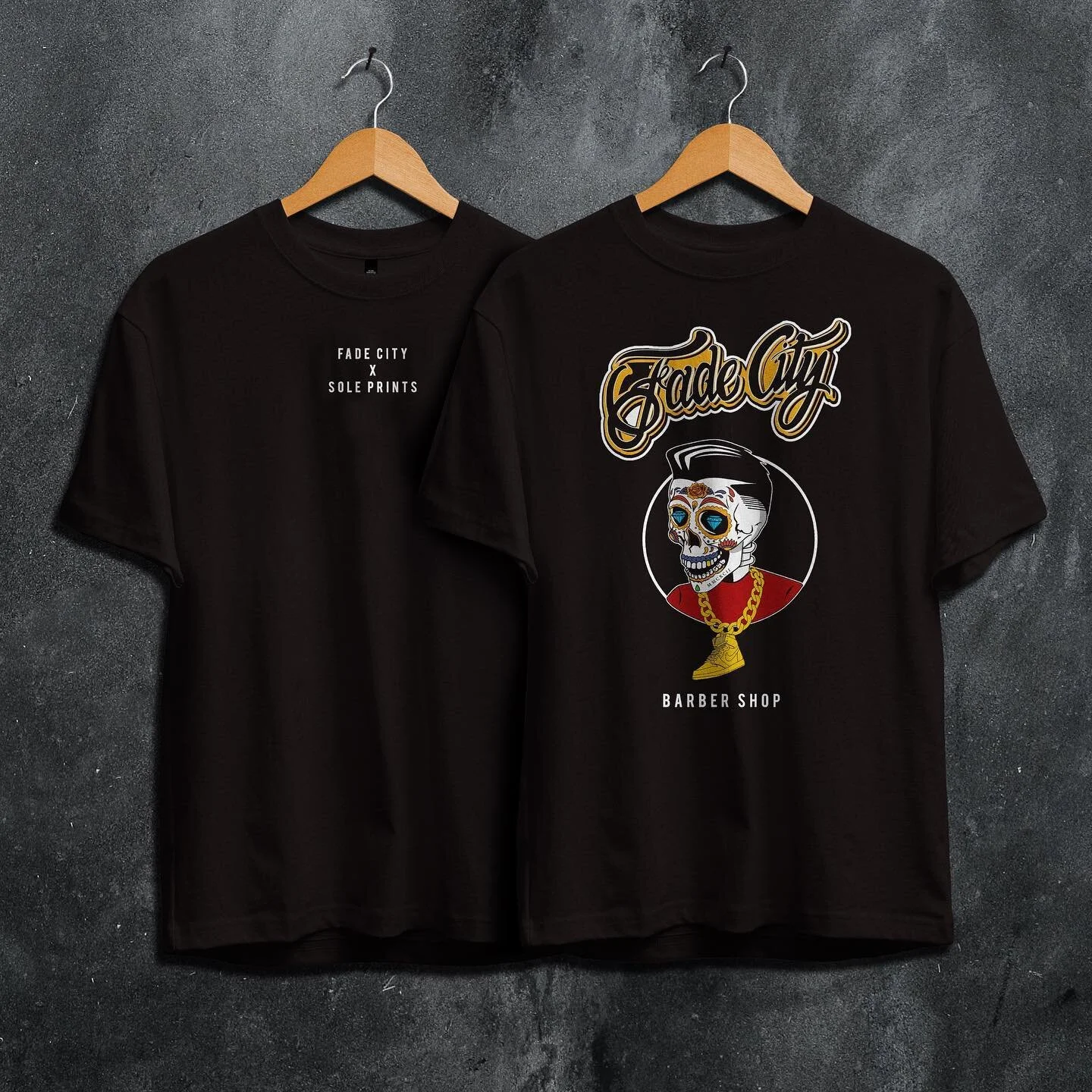 Coming soon to your local barbershop. The @fade_city_barbershop x @sole.prints tee. Coming soon, Exclusively instore at the barbershop