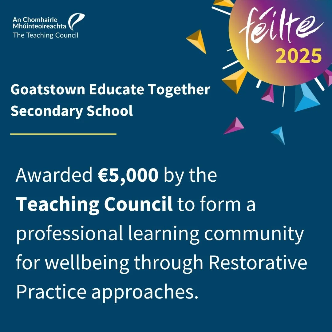 Fantastic news! 🎉 Goatstown ETSS has received &euro;5,000 from the Teaching Council to work with St. Kilian&rsquo;s and Ballinteer CS in further developing Restorative Practice across our schools.
We&rsquo;re excited for this collaborative journey a