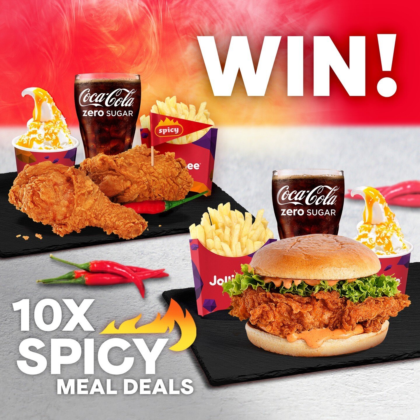Does a feast of our NEW Spicy Meal Deals for you and your mates sound good?

We are giving three lucky winners TEN Spicy Meal Deals each (that's ten Sundaes, ten drinks, ten lots of fries, AND ten Spicy Chicken Sandwiches or 2pc Chickenjoy). The most