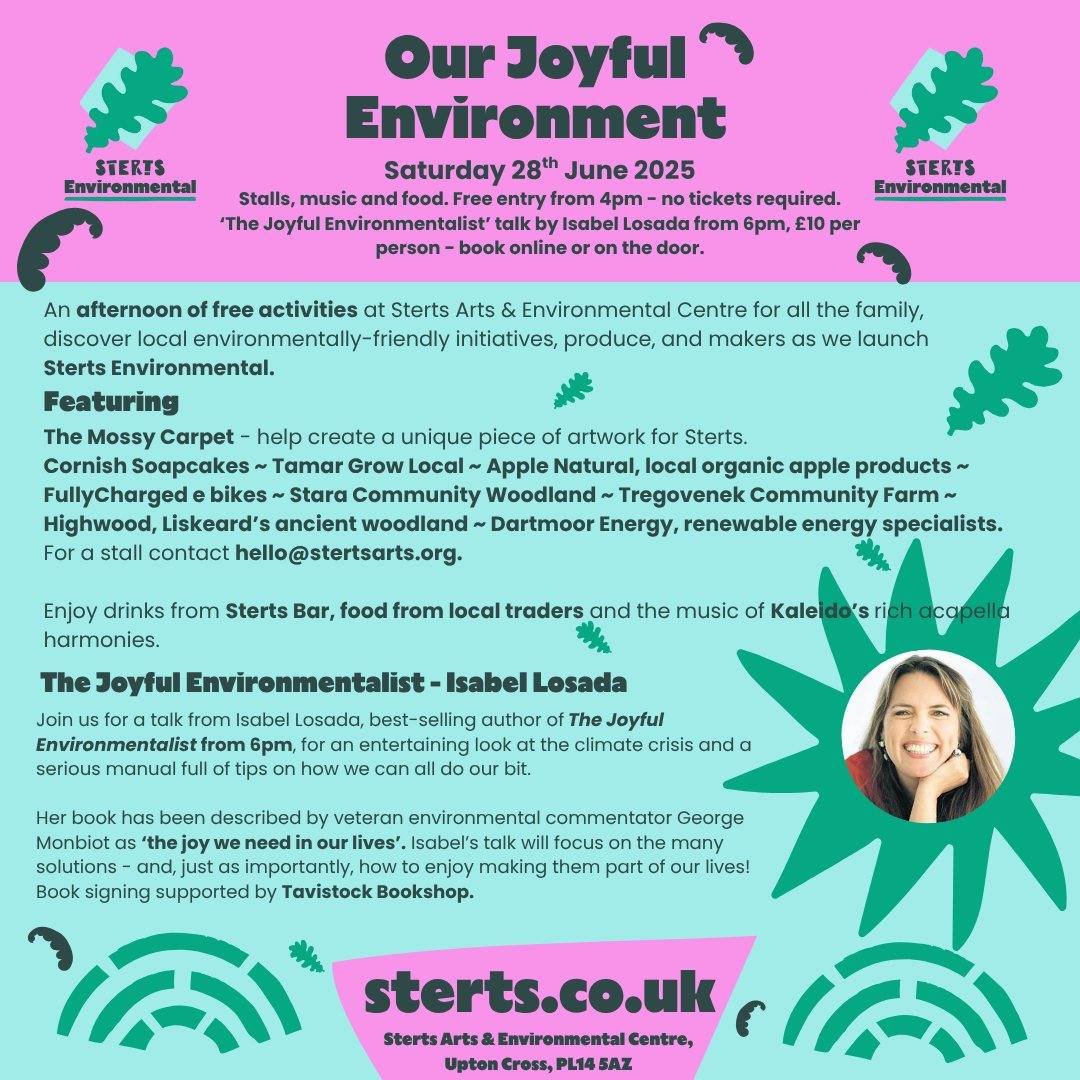 Join in with The Mossy Carpet at Sterts Arts and Environmental Centre at their 'Our Joyful Environment' afternoon - Saturday 28th June.

Help create a Mossy Carpet artwork for @stertsarts and enjoy free eco-friendly activities, local food &amp; music