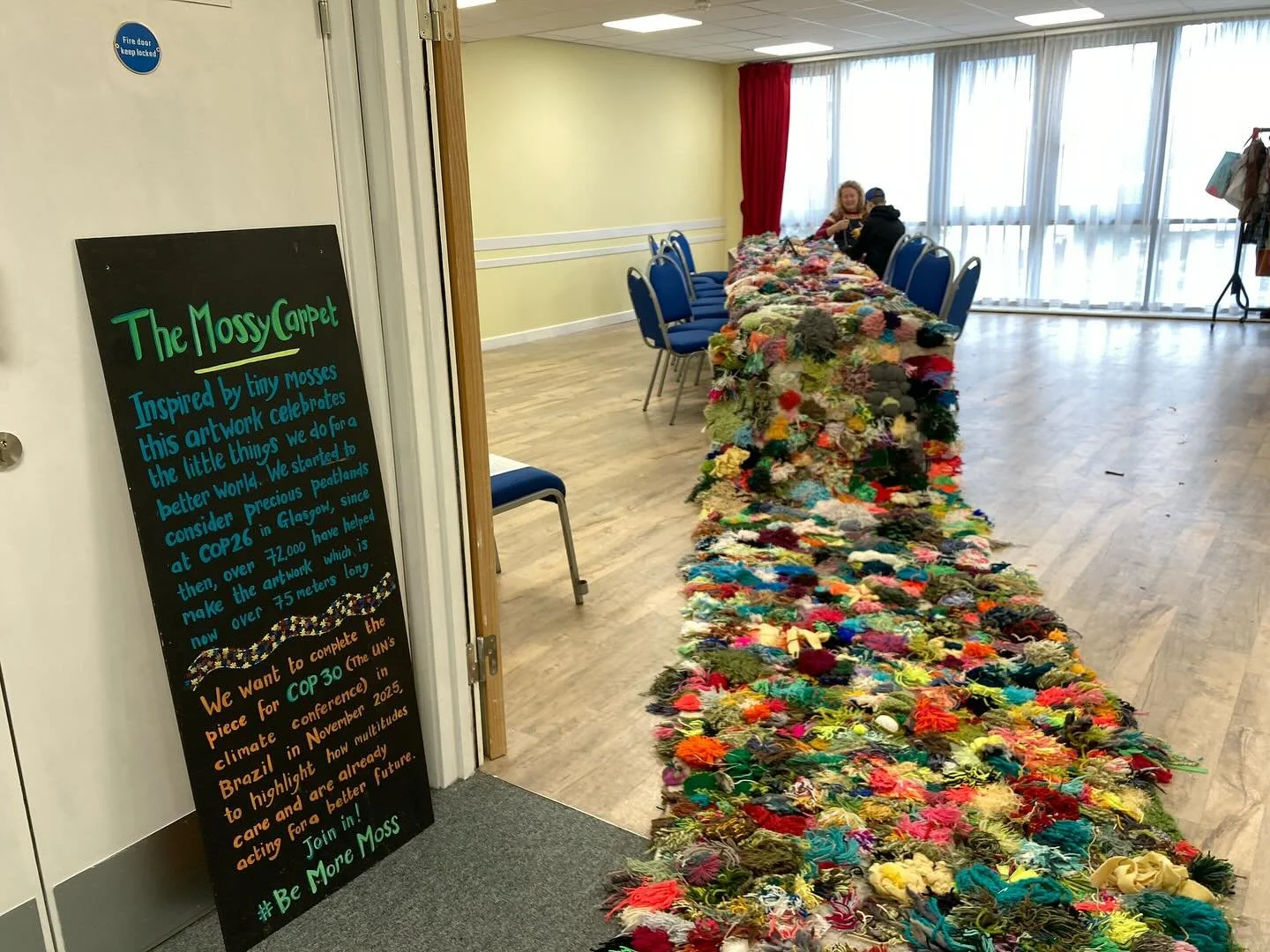 We are @beehivehoniton sewing on pompoms on The Mossy Carpet.  Our last Mossy Carpet workshop&hellip;. May be!! @northyardcommunitytrust @princesshayexeter @farflungc.i.c @parklifeheavitree