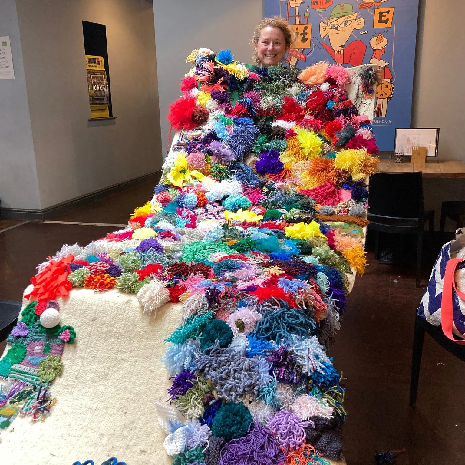 📣Volunteers needed📣
Can you spare some time to help us finish The Mossy Carpet?  We have pompoms to sew on, textile pieces to add, loose threads and pompoms to mend.

The Art and Energy team will be at Market Hall Plymouth, in November, 10am-1pm on