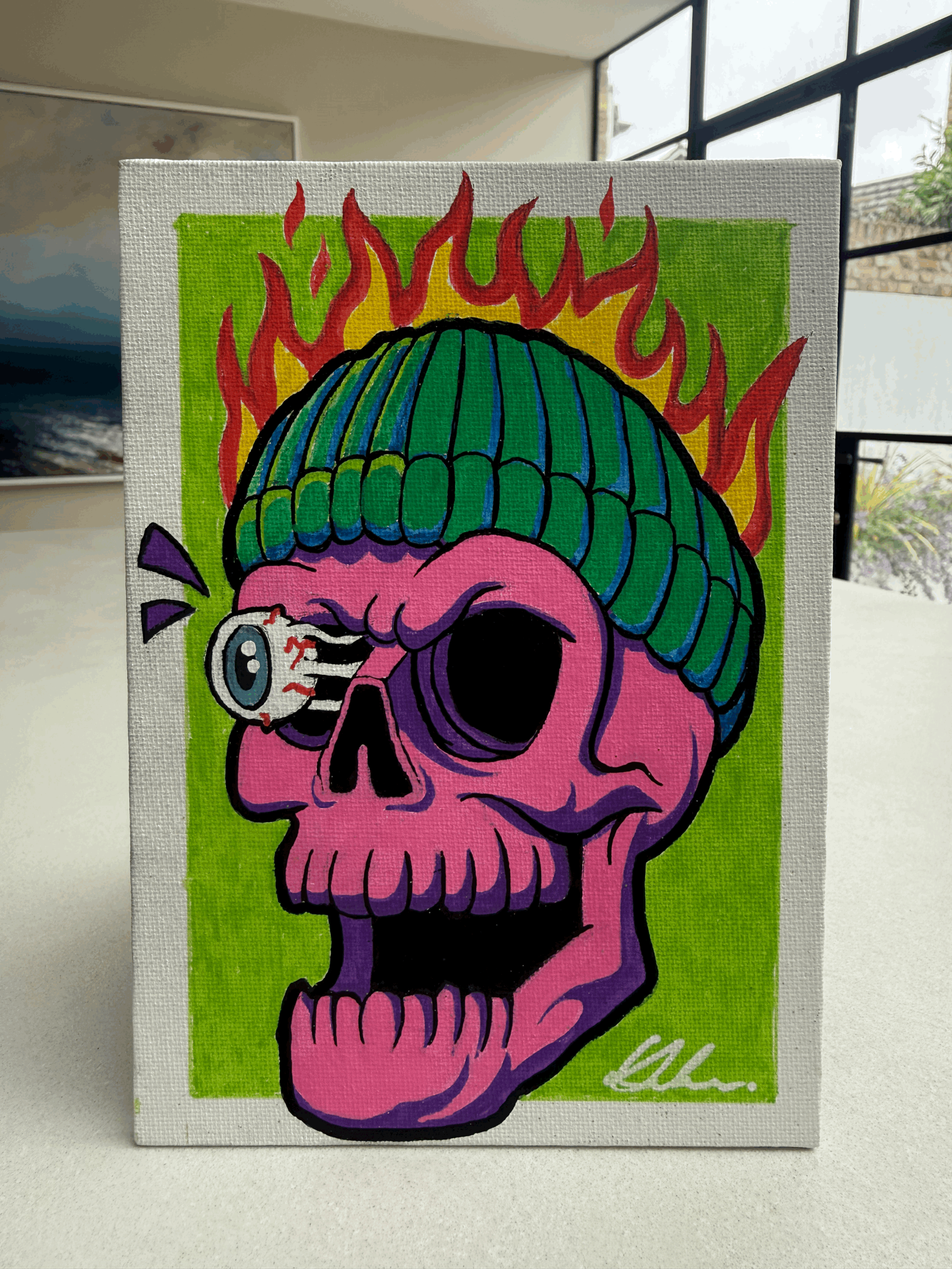 Flaming Skull Canvas Panel