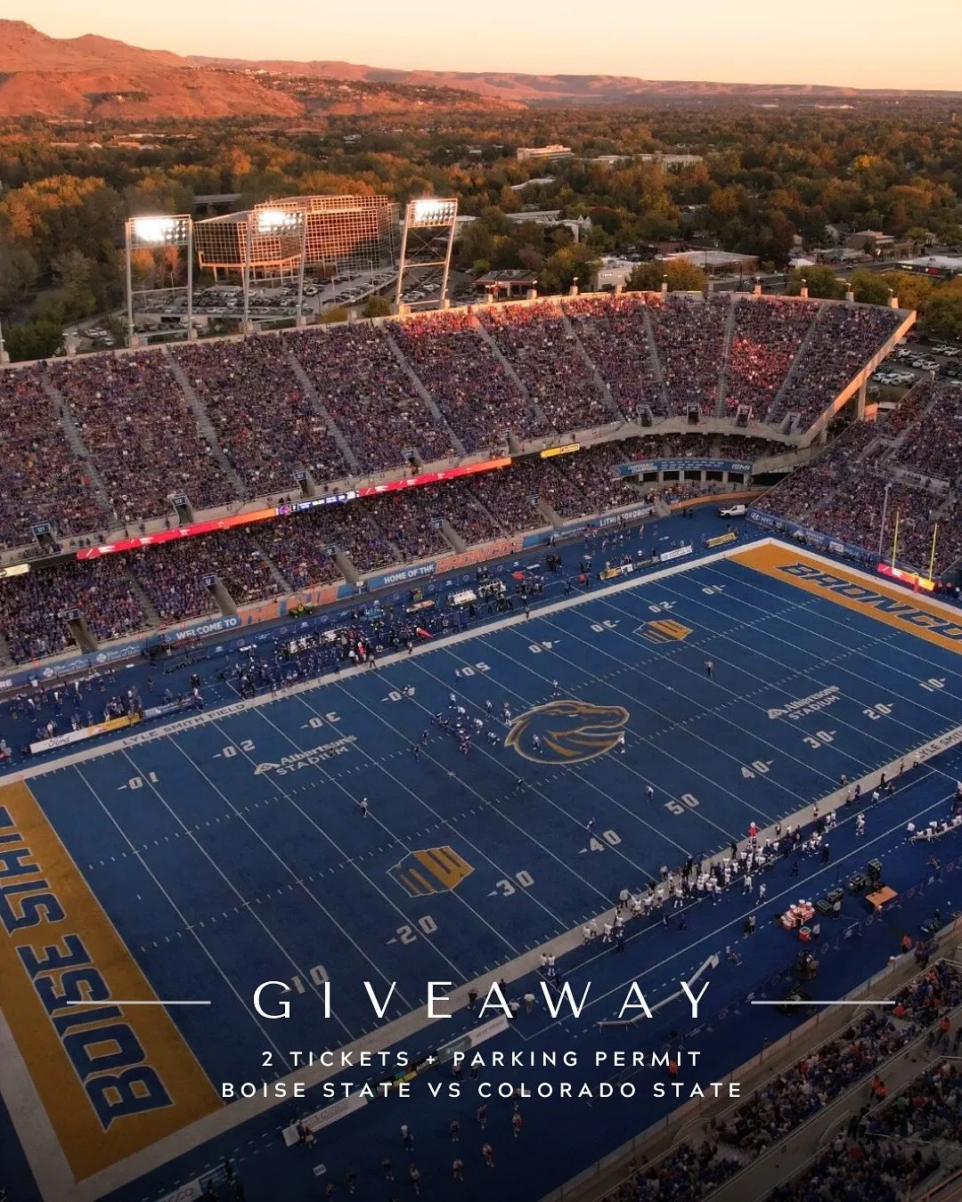 G I V E A W A Y ✨
⠀⠀⠀⠀⠀⠀⠀⠀⠀
This month we are giving away 2 tickets + a parking permit to the LAST home game of this season - Boise State VS Colorado State football game on Saturday, November 22nd. These lower-level seats in Section 7 are incredible 