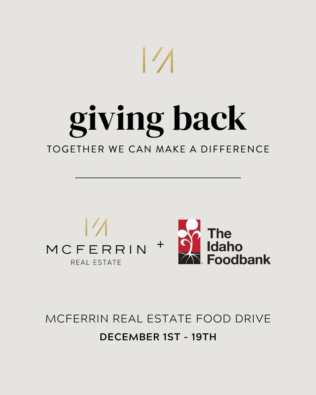 Holiday Season is for Giving Back! ✨
⠀⠀⠀⠀⠀⠀⠀⠀⠀
We&rsquo;re thrilled to announce the return of our fourth annual McFerrin Real Estate Holiday Food Drive benefiting the amazing team at @idahofoodbank! 🎄
⠀⠀⠀⠀⠀⠀⠀⠀⠀
Let&rsquo;s make a real difference in 