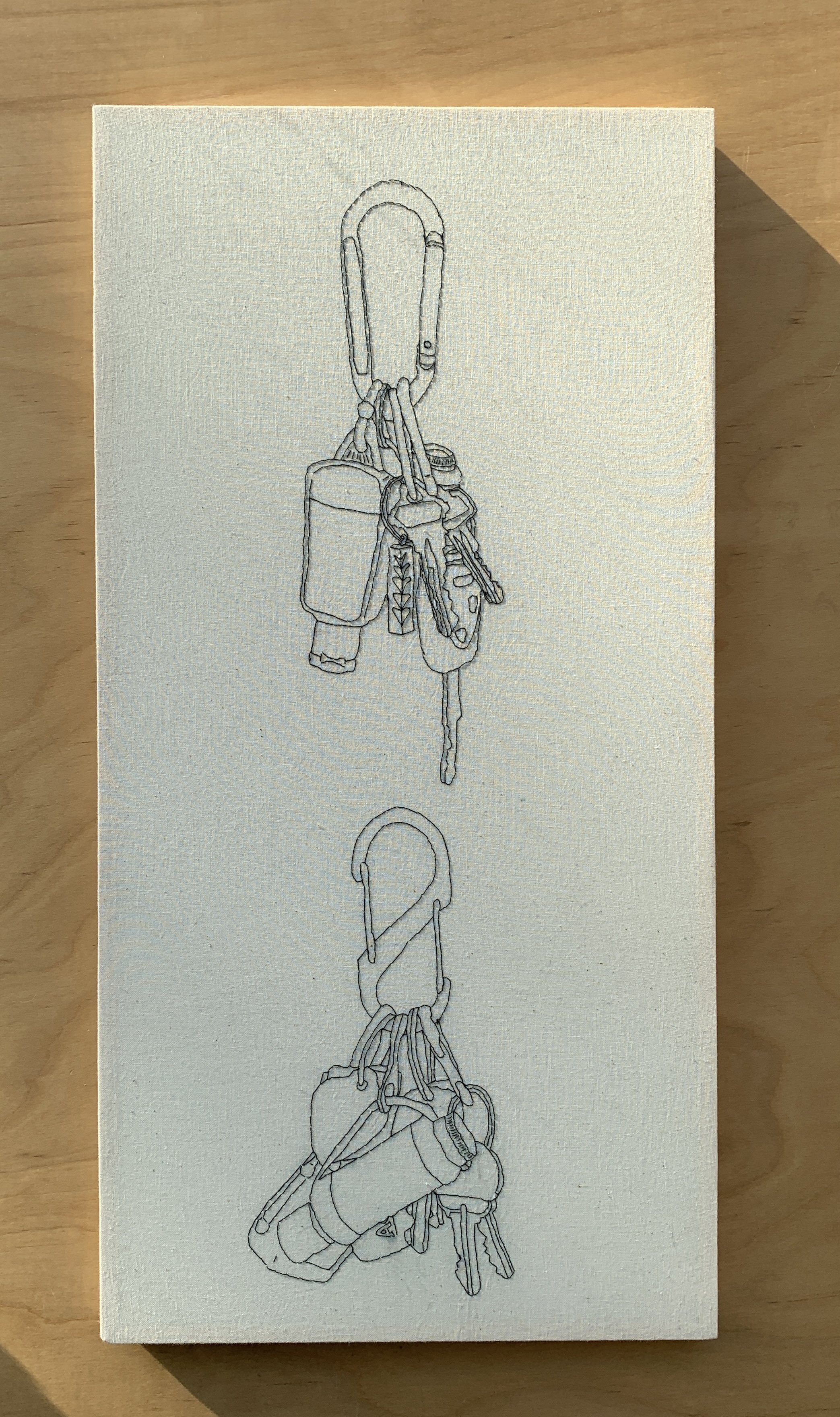 Carabiner Portrait, thread on muslin, 10" x 20", 2022