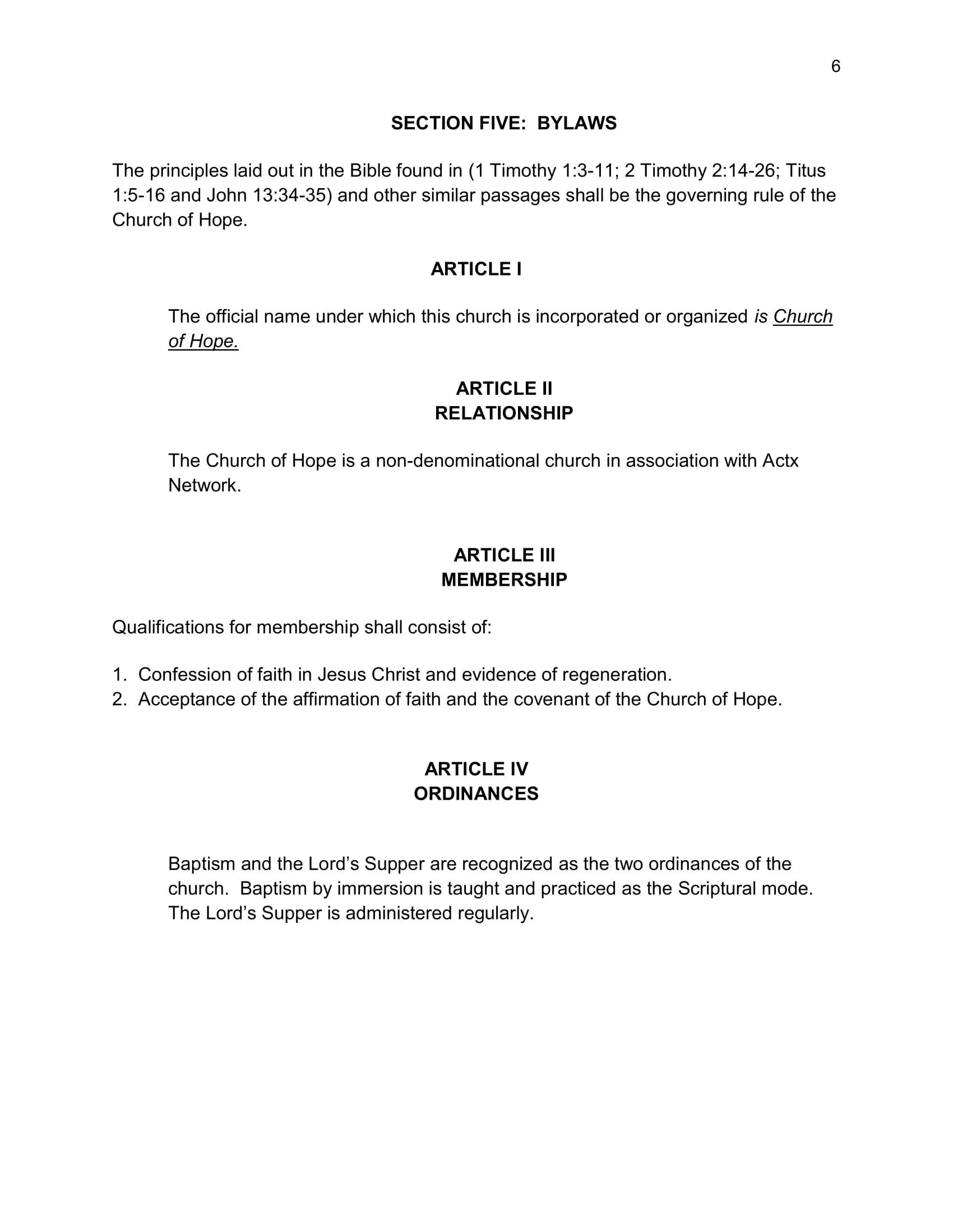 Our Bylaws — Church of Hope