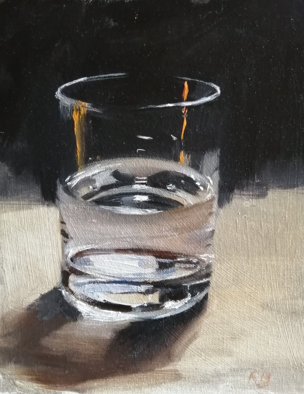  Still water  Oil on board  26x35 cms  SOLD   This still life of a simple glass of water was painted during the turbulent times of the Covid 19 pandemic. The word 'still' in the title carries a double meaning... non sparkling, calm amidst chaos, but 